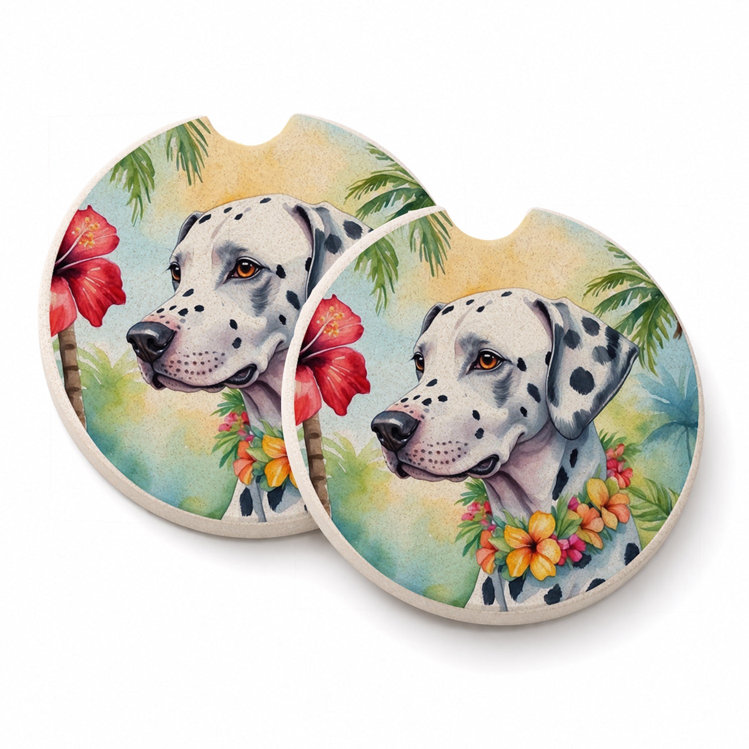 Dalmatian Luau Set of 2 Cup Holder Car Coasters Absorbent Round Sandstone Coasters Gifts for Men or Women, 2.5, Multicolor