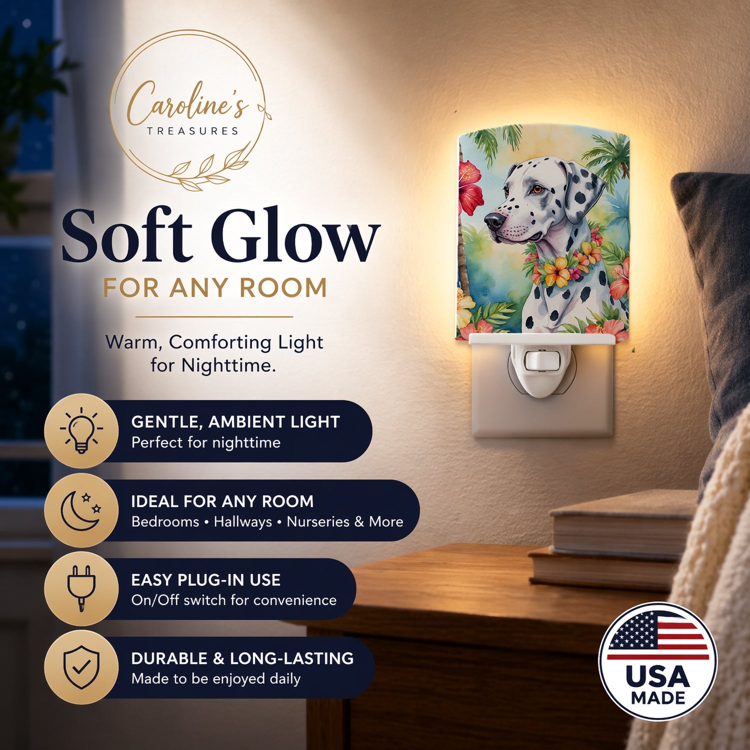 Dalmatian Luau Ceramic Night Light Compact, UL-Certified, Ideal for Bedroom, Bathroom, Nursery, Hallway, Kitchen, 6x4x3, Multicolor
