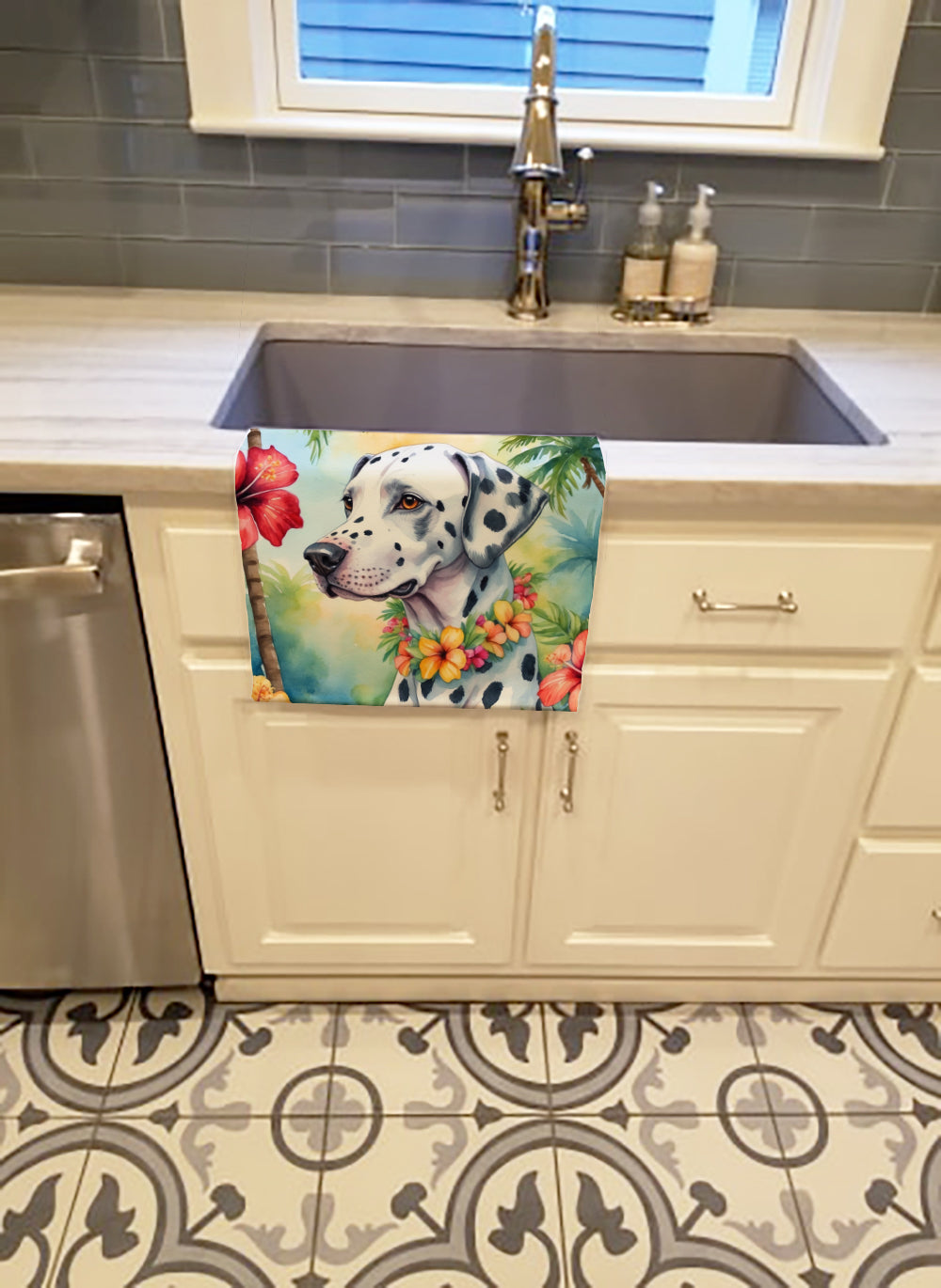 Dalmatian Luau Kitchen Towel Velour Plush Front and Cotton Loop Back Machine Washable