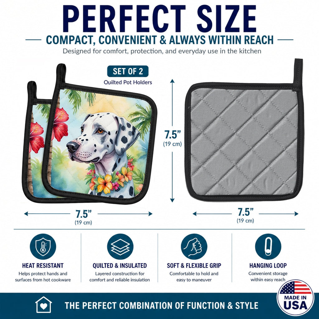 Dalmatian Luau Pot Holder Set of 2 Heat Resistant Quilted Hot Pads 7.5 x 7.5 Inch, Insulated Kitchen Trivets for Cooking & Baking