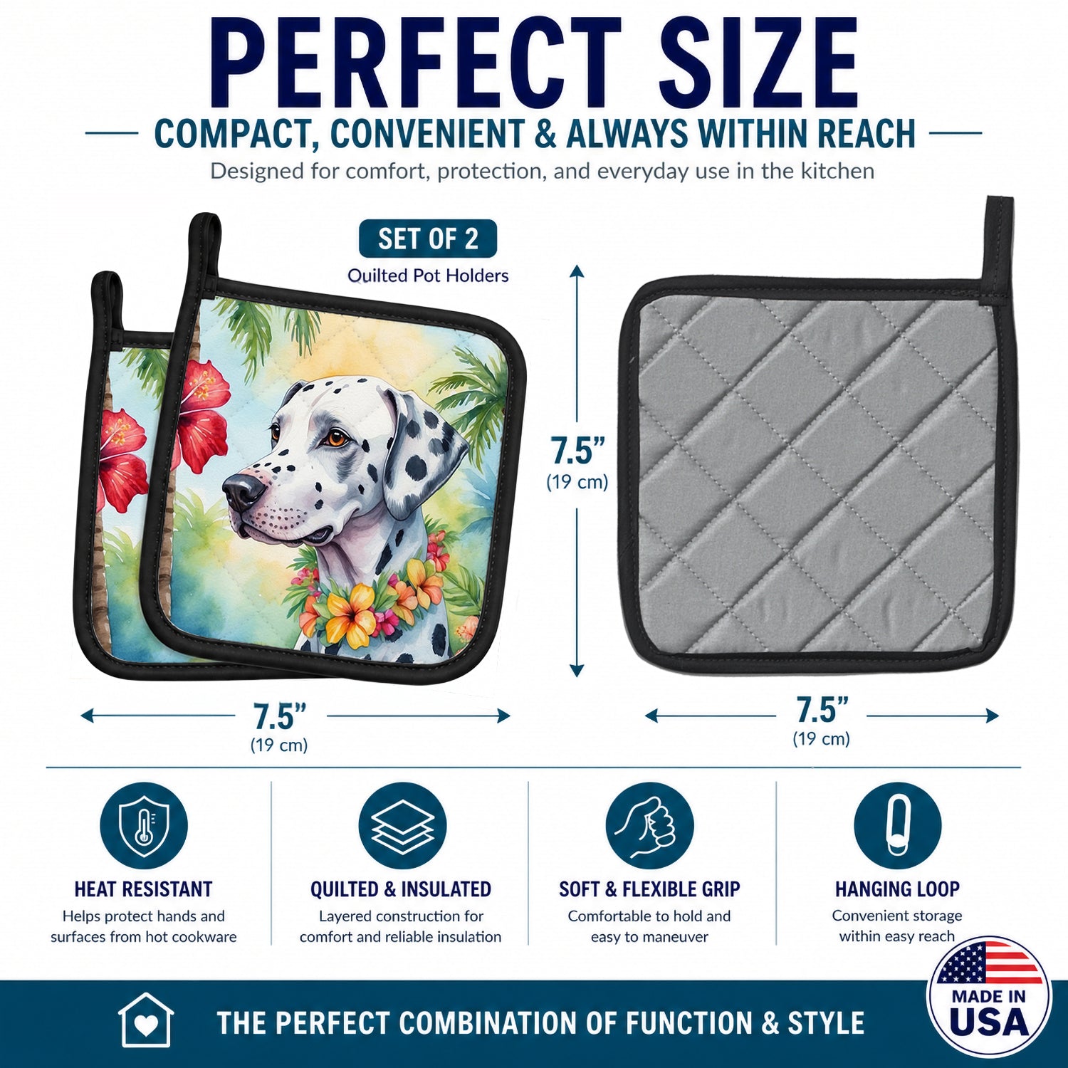 Dalmatian Luau Pot Holder Set of 2 Heat Resistant Quilted Hot Pads 7.5 x 7.5 Inch, Insulated Kitchen Trivets for Cooking & Baking