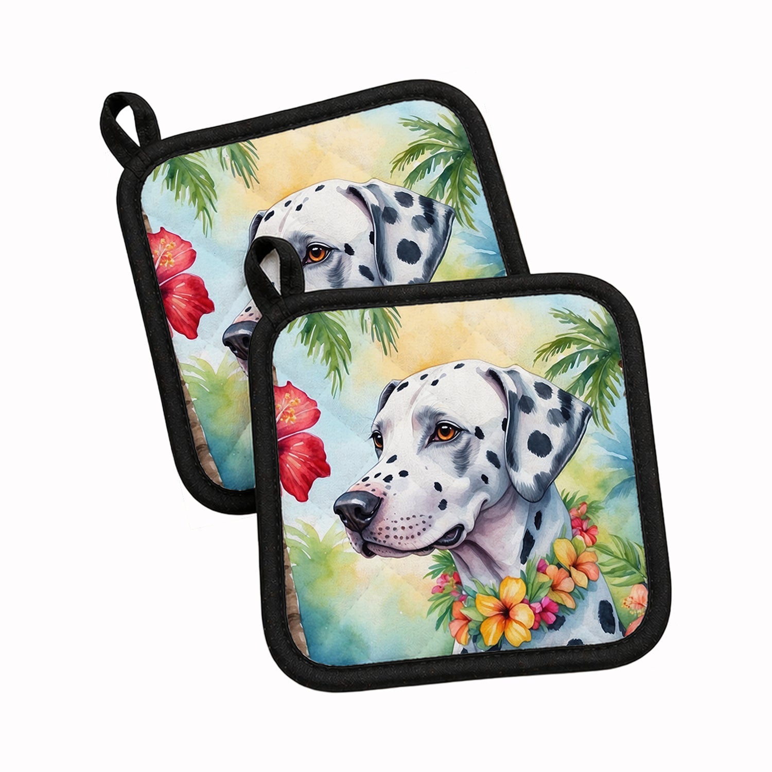 Dalmatian Luau Pot Holder Set of 2 Heat Resistant Quilted Hot Pads 7.5 x 7.5 Inch, Insulated Kitchen Trivets for Cooking & Baking