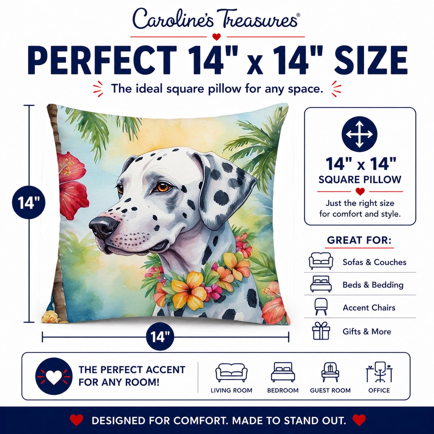 Dalmatian Luau Decorative Throw Pillow 14x14 Indoor Outdoor Accent Cushion, Fabric Cover with Insert for Sofa, Bed, Porch & Living Room