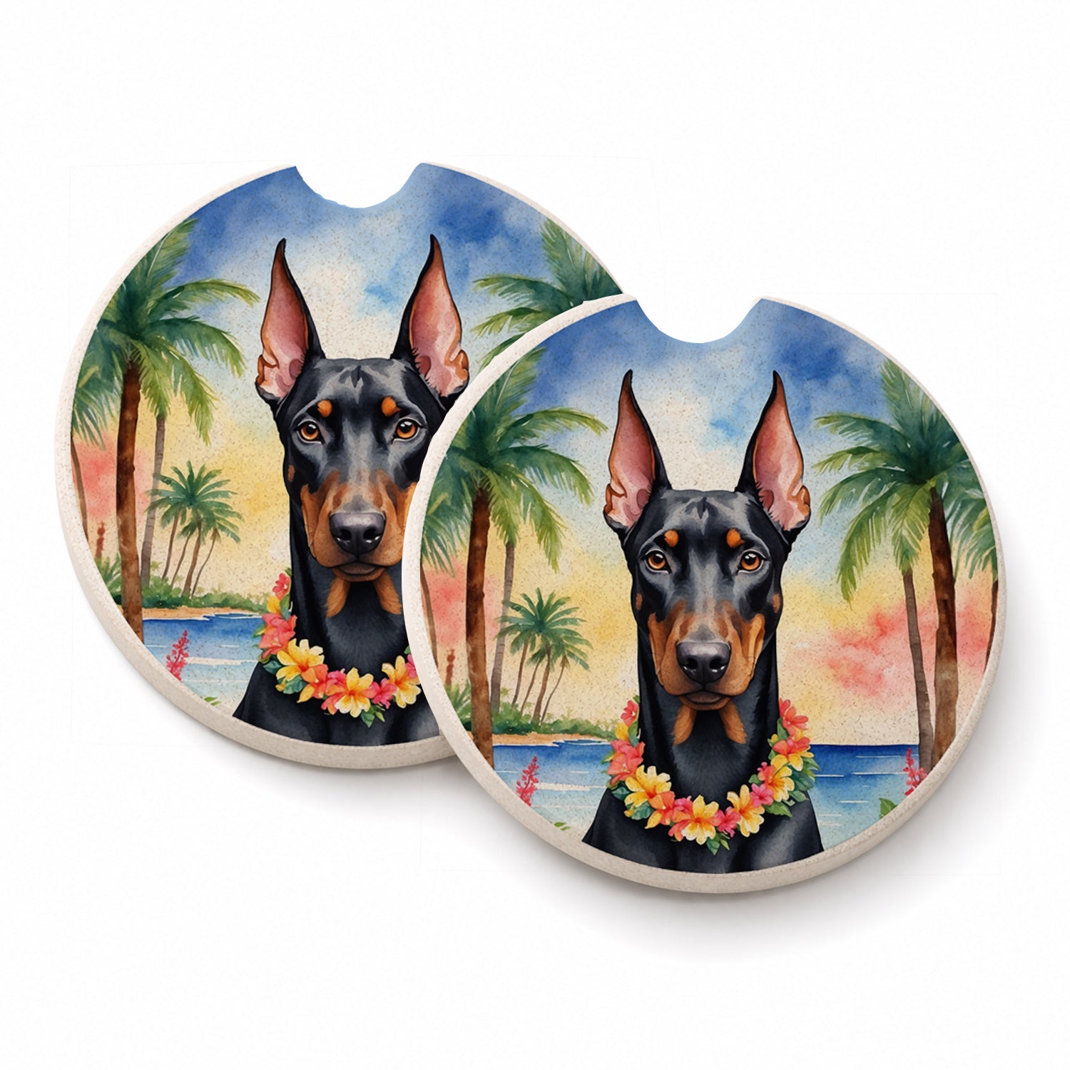 Doberman Pinscher Luau Set of 2 Cup Holder Car Coasters Absorbent Round Sandstone Coasters Gifts for Men or Women, 2.5, Multicolor