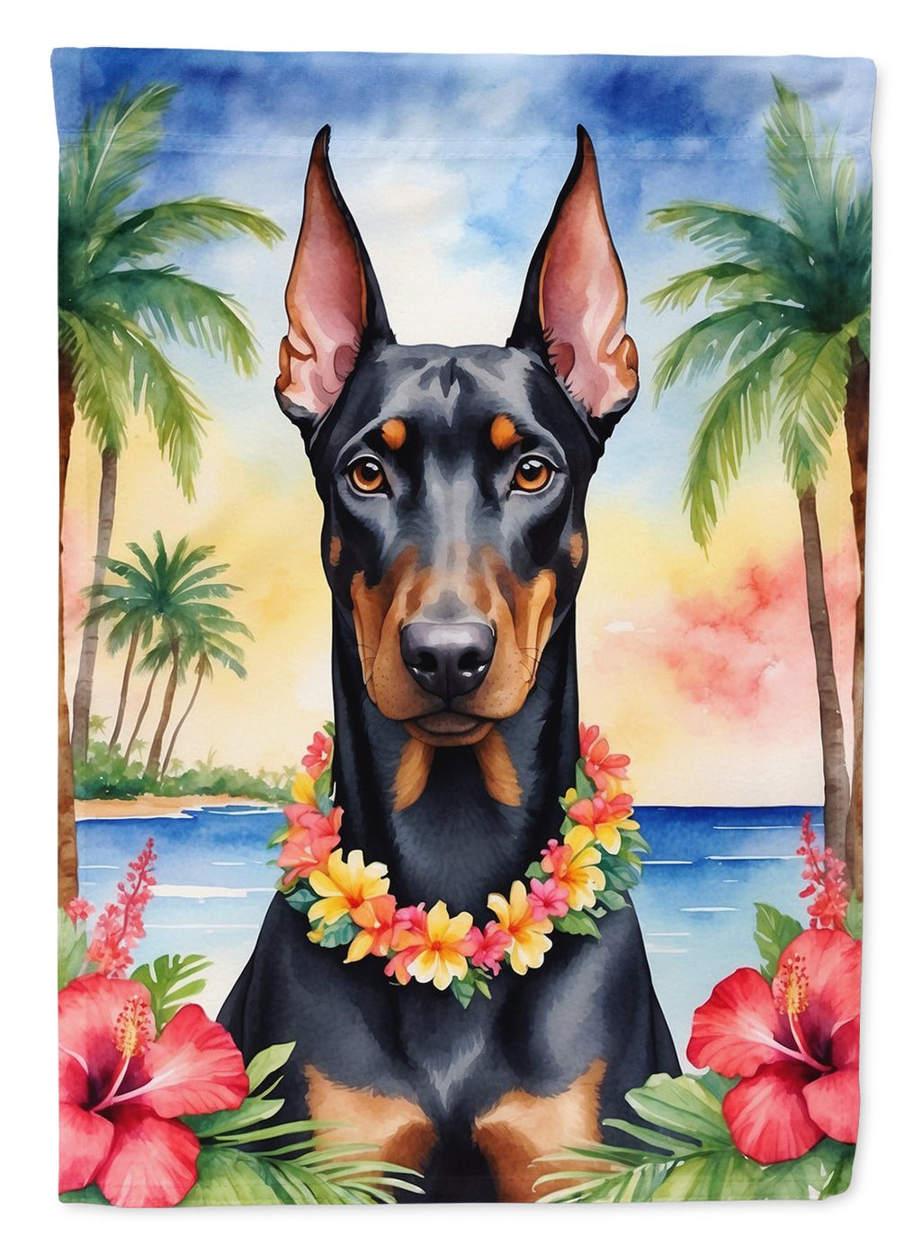 Doberman Pinscher Luau House Flag 28x40 Porch Sleeve Pole Decorative Outside Yard Banner Artwork Wall Hanging, Polyester