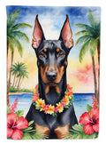 Doberman Pinscher Luau House Flag 28x40 Porch Sleeve Pole Decorative Outside Yard Banner Artwork Wall Hanging, Polyester