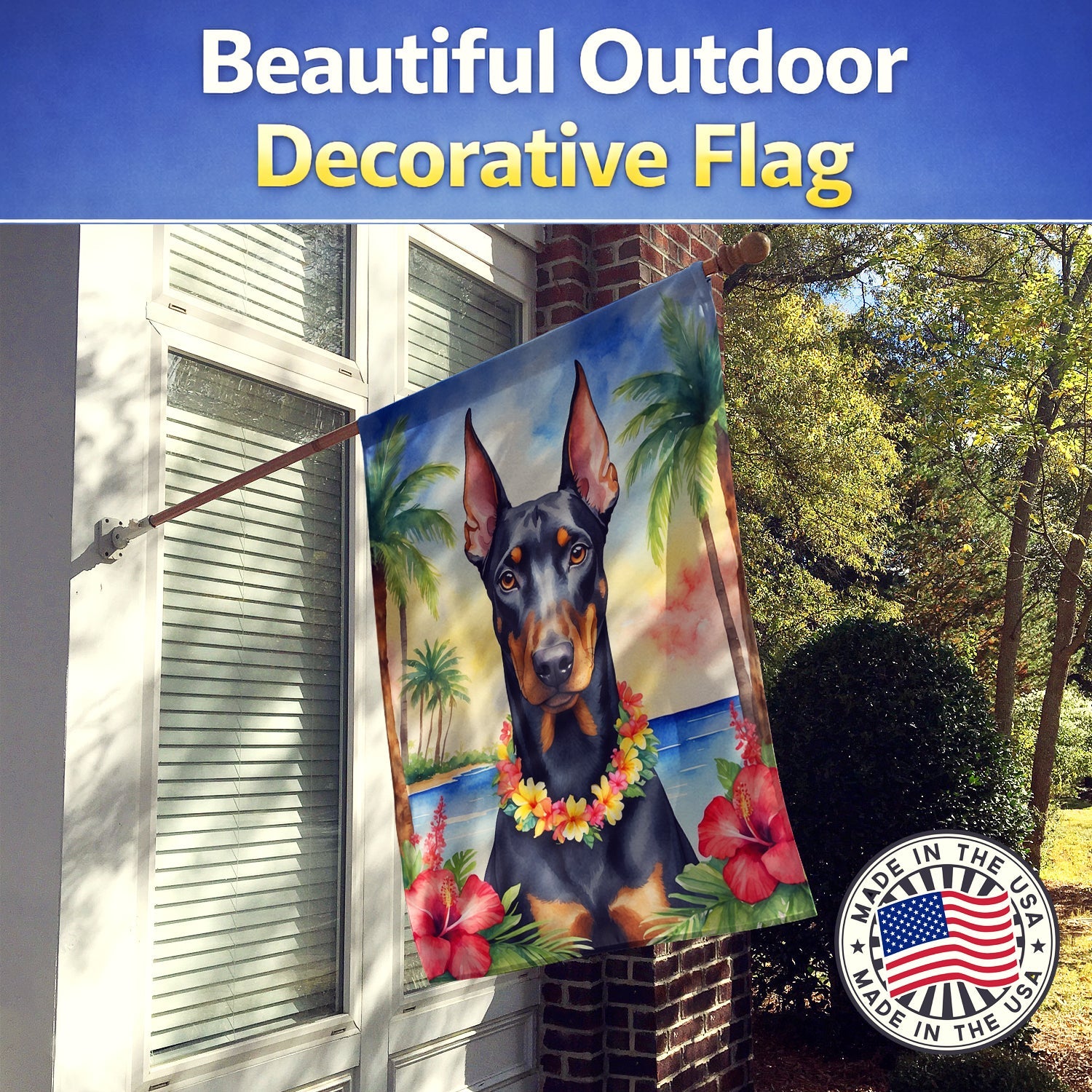 Doberman Pinscher Luau House Flag 28x40 Porch Sleeve Pole Decorative Outside Yard Banner Artwork Wall Hanging, Polyester
