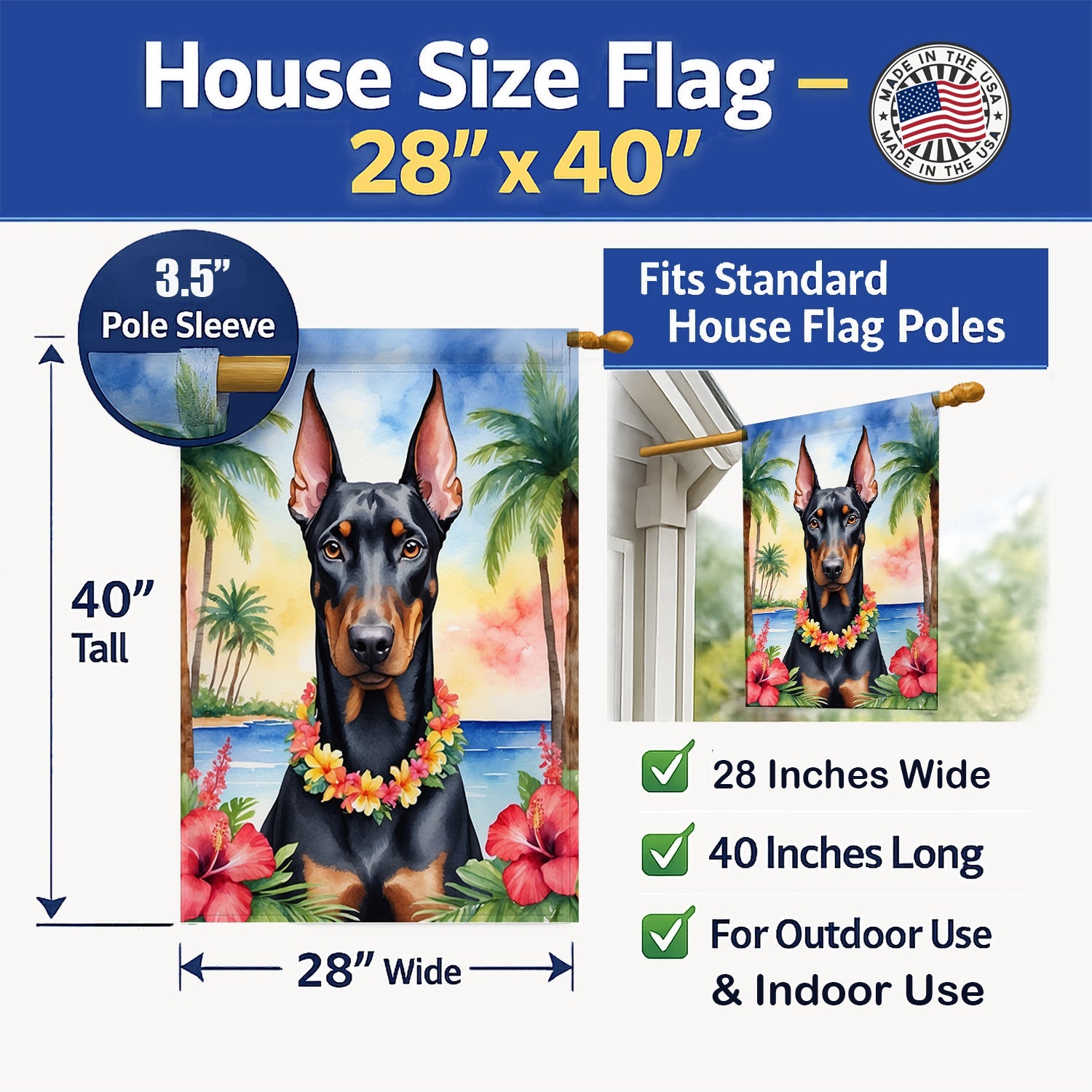 Doberman Pinscher Luau House Flag 28x40 Porch Sleeve Pole Decorative Outside Yard Banner Artwork Wall Hanging, Polyester
