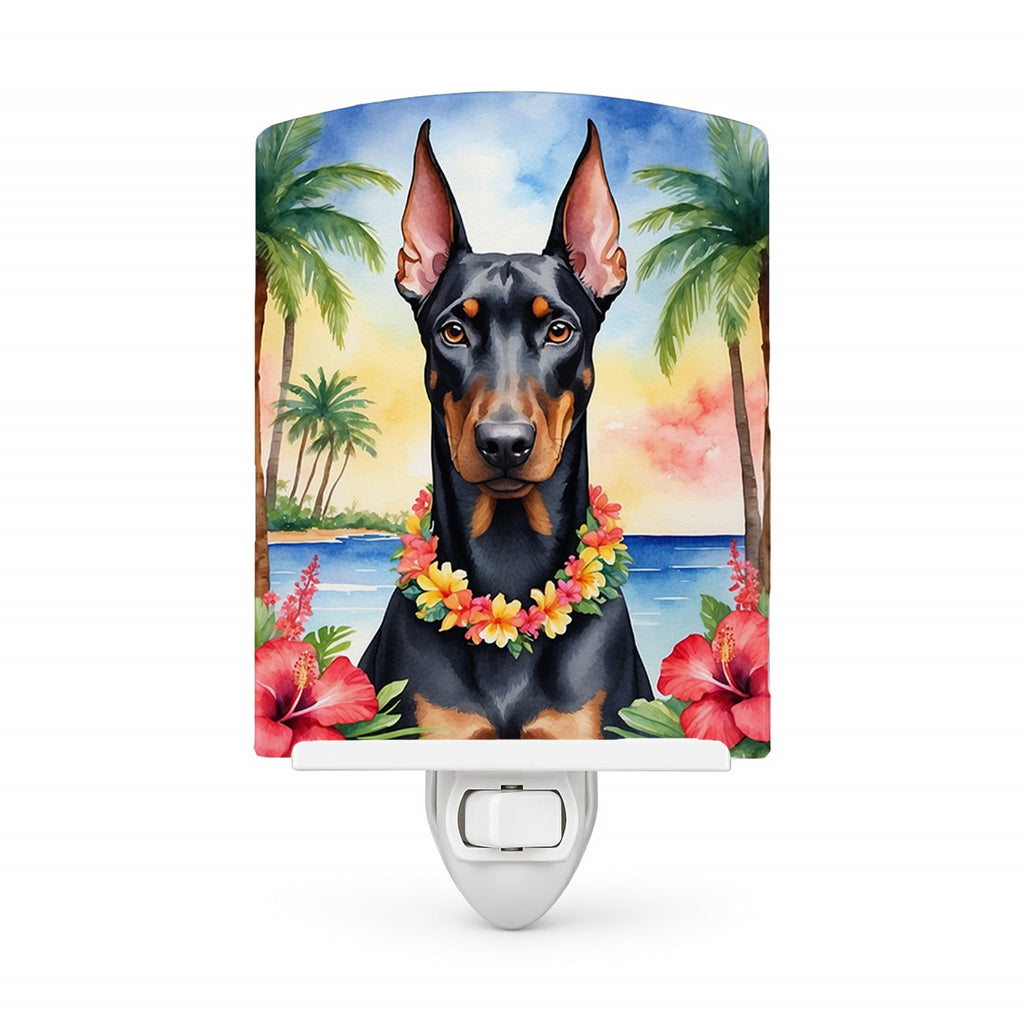 Doberman Pinscher Luau Ceramic Night Light Compact, UL-Certified, Ideal for Bedroom, Bathroom, Nursery, Hallway, Kitchen, 6x4x3, Multicolor