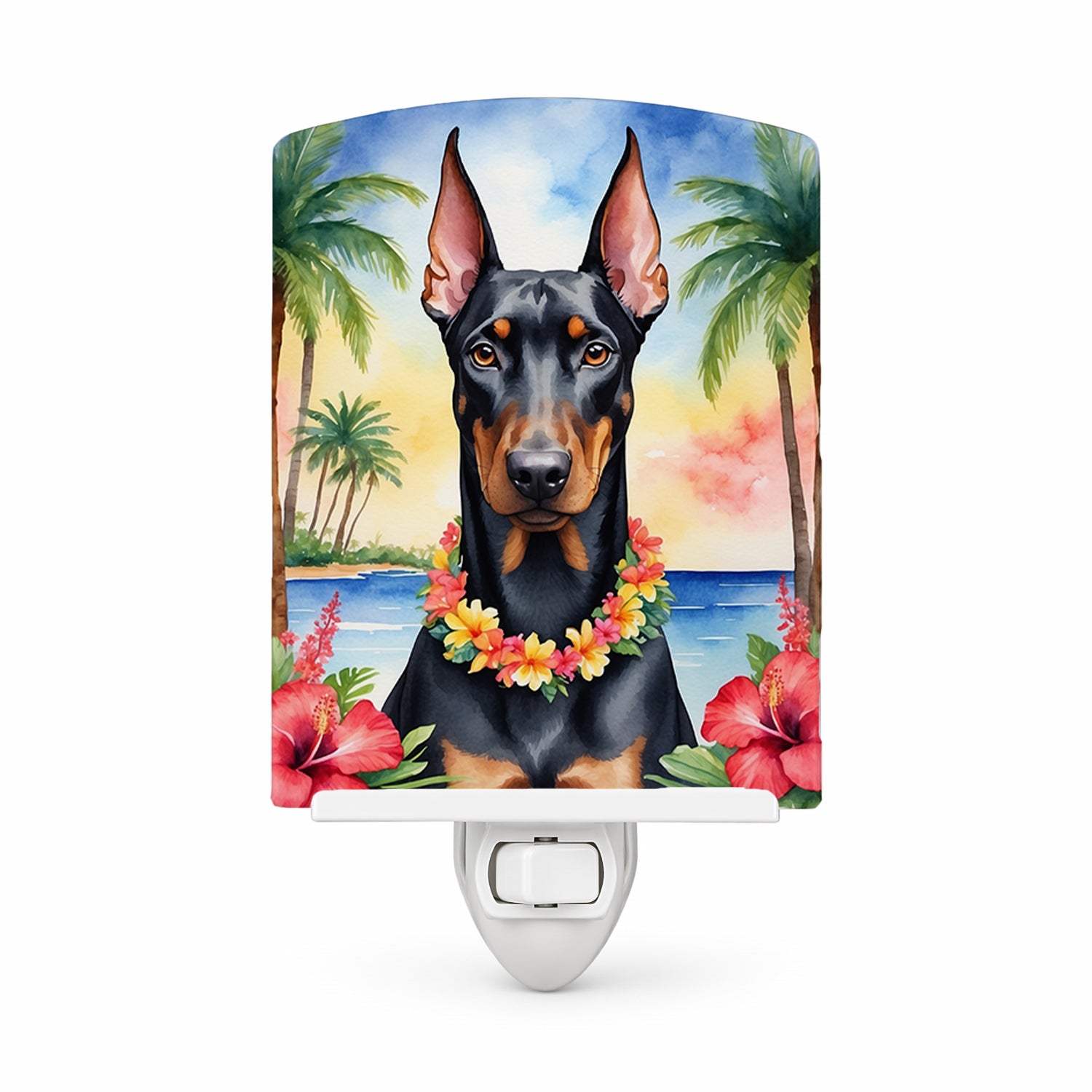 Doberman Pinscher Luau Ceramic Night Light Compact, UL-Certified, Ideal for Bedroom, Bathroom, Nursery, Hallway, Kitchen, 6x4x3, Multicolor