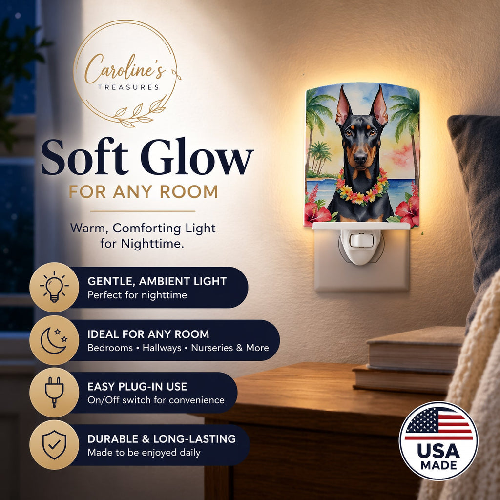 Doberman Pinscher Luau Ceramic Night Light Compact, UL-Certified, Ideal for Bedroom, Bathroom, Nursery, Hallway, Kitchen, 6x4x3, Multicolor