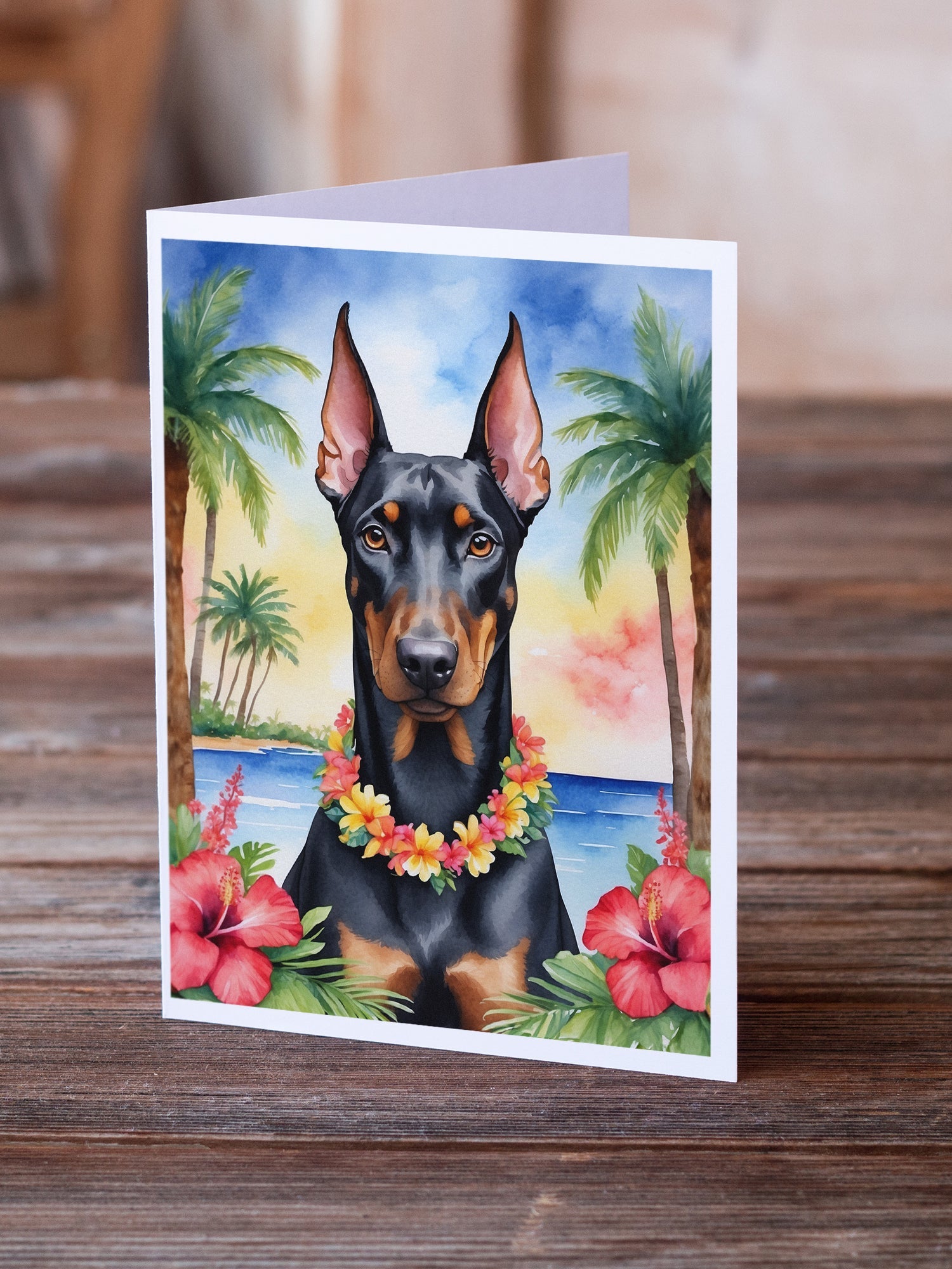 Doberman Pinscher Luau Greeting Cards Pack of 8 Blank Cards with Envelopes Whimsical A7 Size 5x7