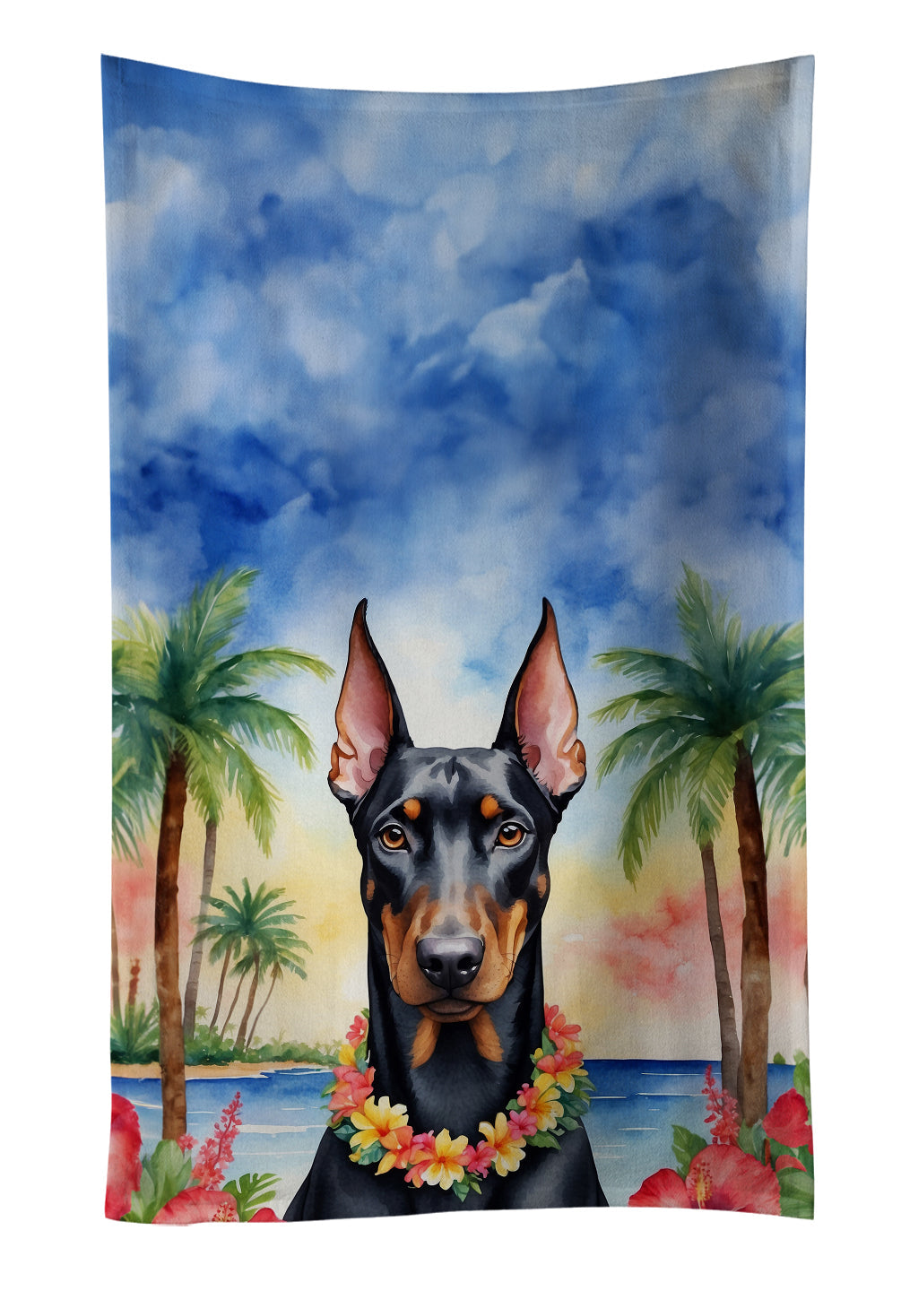 Doberman Pinscher Luau Kitchen Towel Velour Plush Front and Cotton Loop Back Machine Washable