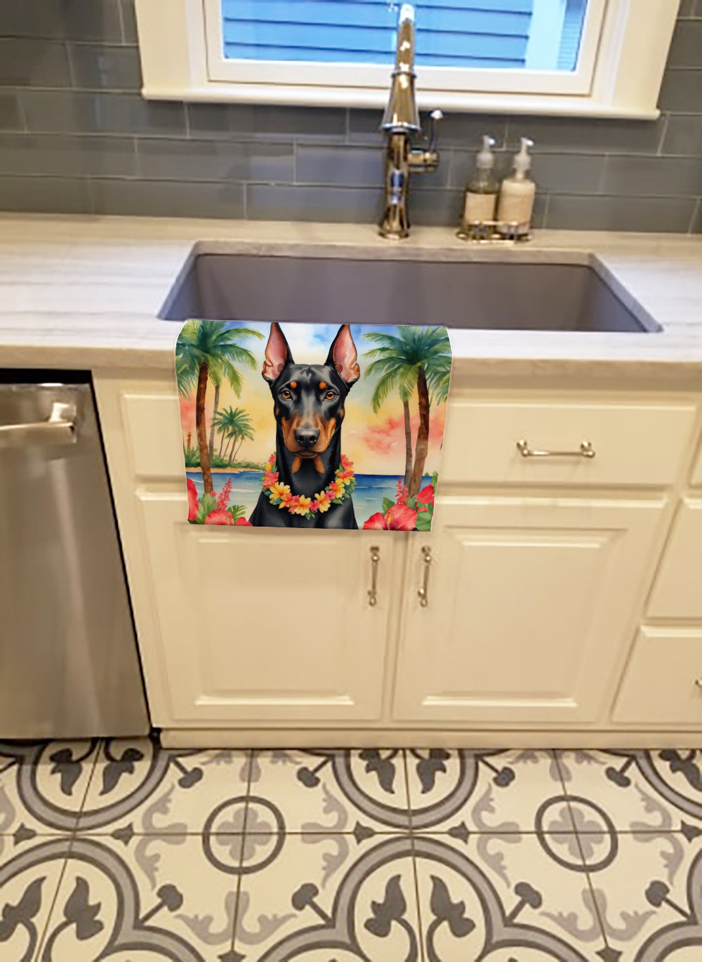 Doberman Pinscher Luau Kitchen Towel Velour Plush Front and Cotton Loop Back Machine Washable