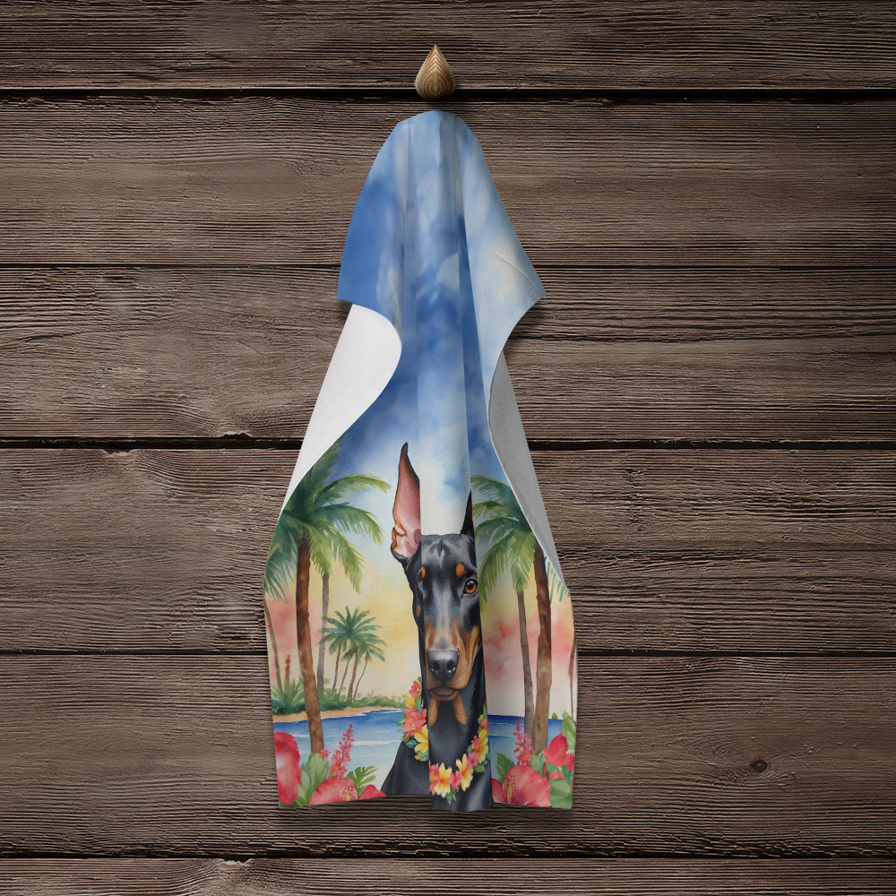 Doberman Pinscher Luau Kitchen Towel Velour Plush Front and Cotton Loop Back Machine Washable
