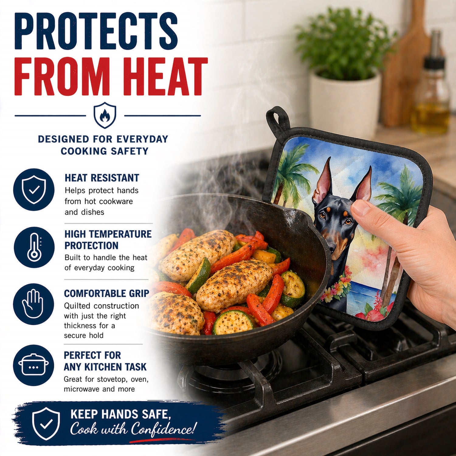 Doberman Pinscher Luau Pot Holder Set of 2 Heat Resistant Quilted Hot Pads 7.5 x 7.5 Inch, Insulated Kitchen Trivets for Cooking & Baking
