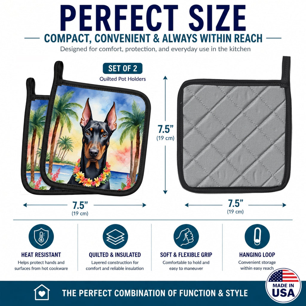 Doberman Pinscher Luau Pot Holder Set of 2 Heat Resistant Quilted Hot Pads 7.5 x 7.5 Inch, Insulated Kitchen Trivets for Cooking & Baking