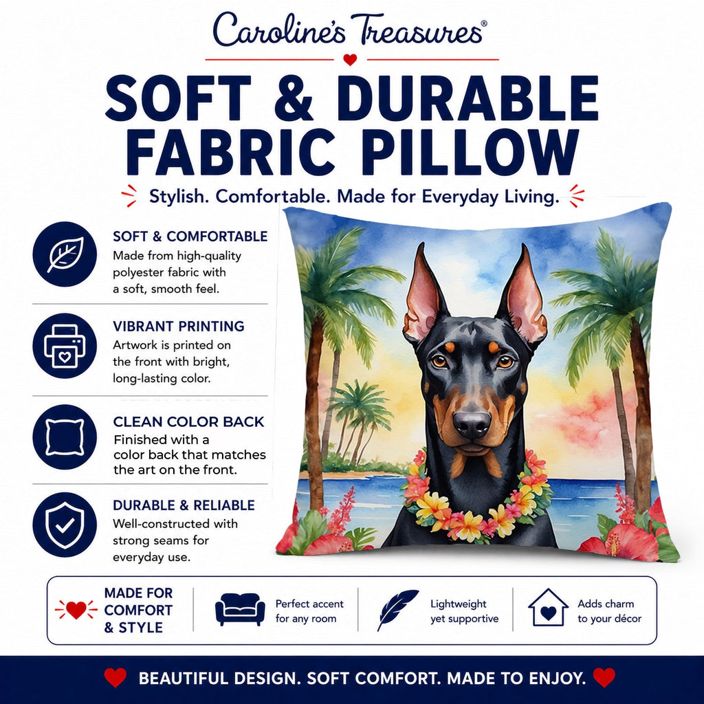 Doberman Pinscher Luau Decorative Throw Pillow 14x14 Indoor Outdoor Accent Cushion, Fabric Cover with Insert for Sofa, Bed, Porch & Living Room