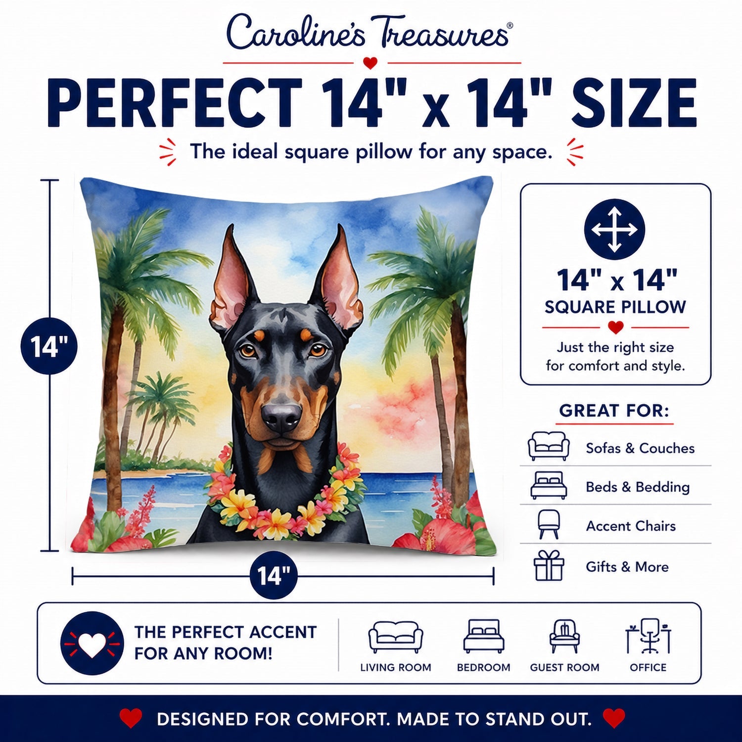 Doberman Pinscher Luau Decorative Throw Pillow 14x14 Indoor Outdoor Accent Cushion, Fabric Cover with Insert for Sofa, Bed, Porch & Living Room
