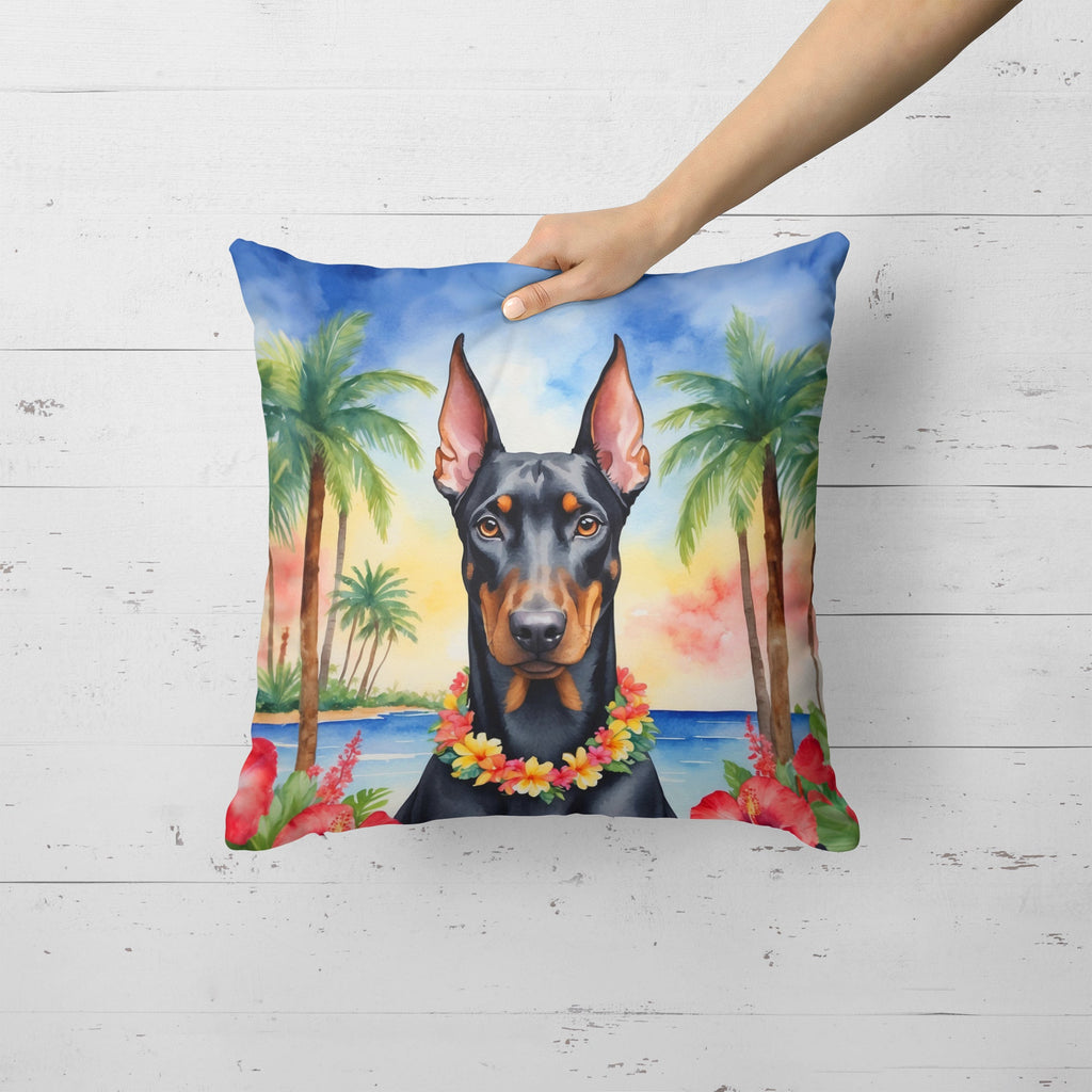 Doberman Pinscher Luau Decorative Throw Pillow 18x18 Indoor Outdoor Accent Cushion, Fabric Cover with Insert for Sofa, Bed, Porch & Living Room