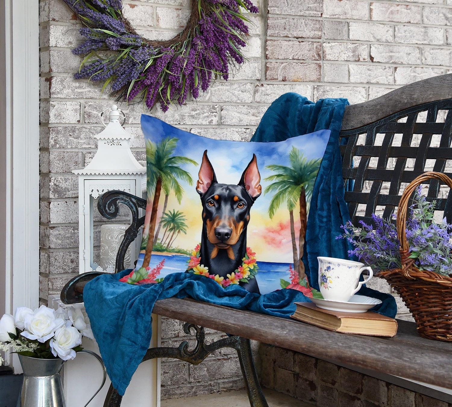 Doberman Pinscher Luau Decorative Throw Pillow 18x18 Indoor Outdoor Accent Cushion, Fabric Cover with Insert for Sofa, Bed, Porch & Living Room