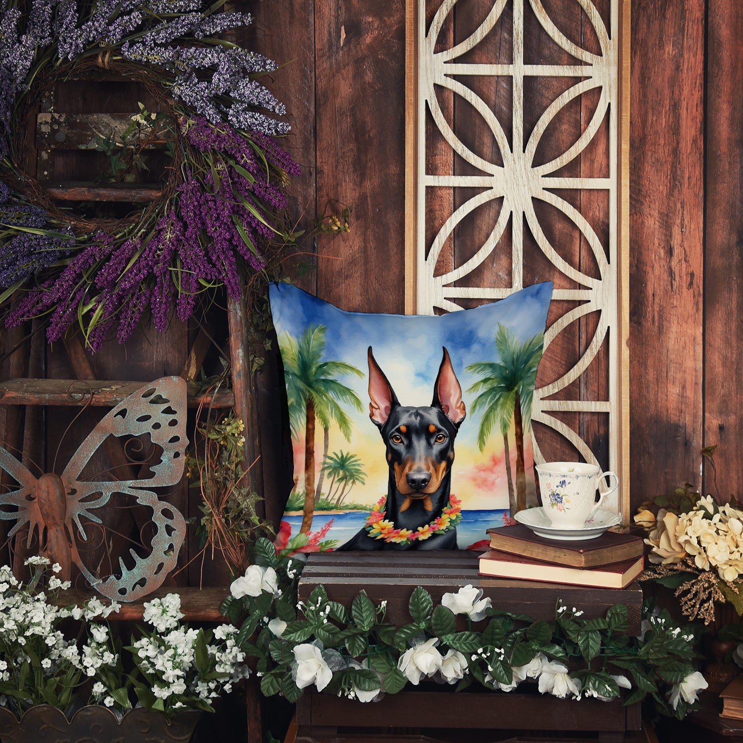 Doberman Pinscher Luau Decorative Throw Pillow 18x18 Indoor Outdoor Accent Cushion, Fabric Cover with Insert for Sofa, Bed, Porch & Living Room