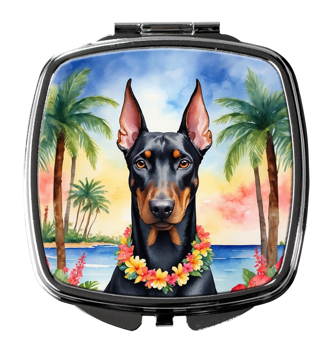 Doberman Pinscher Luau Compact Mirror Decorative Travel Makeup Mirror for Women Girls Gifts Pocket Makeup Mirror Folding Handheld