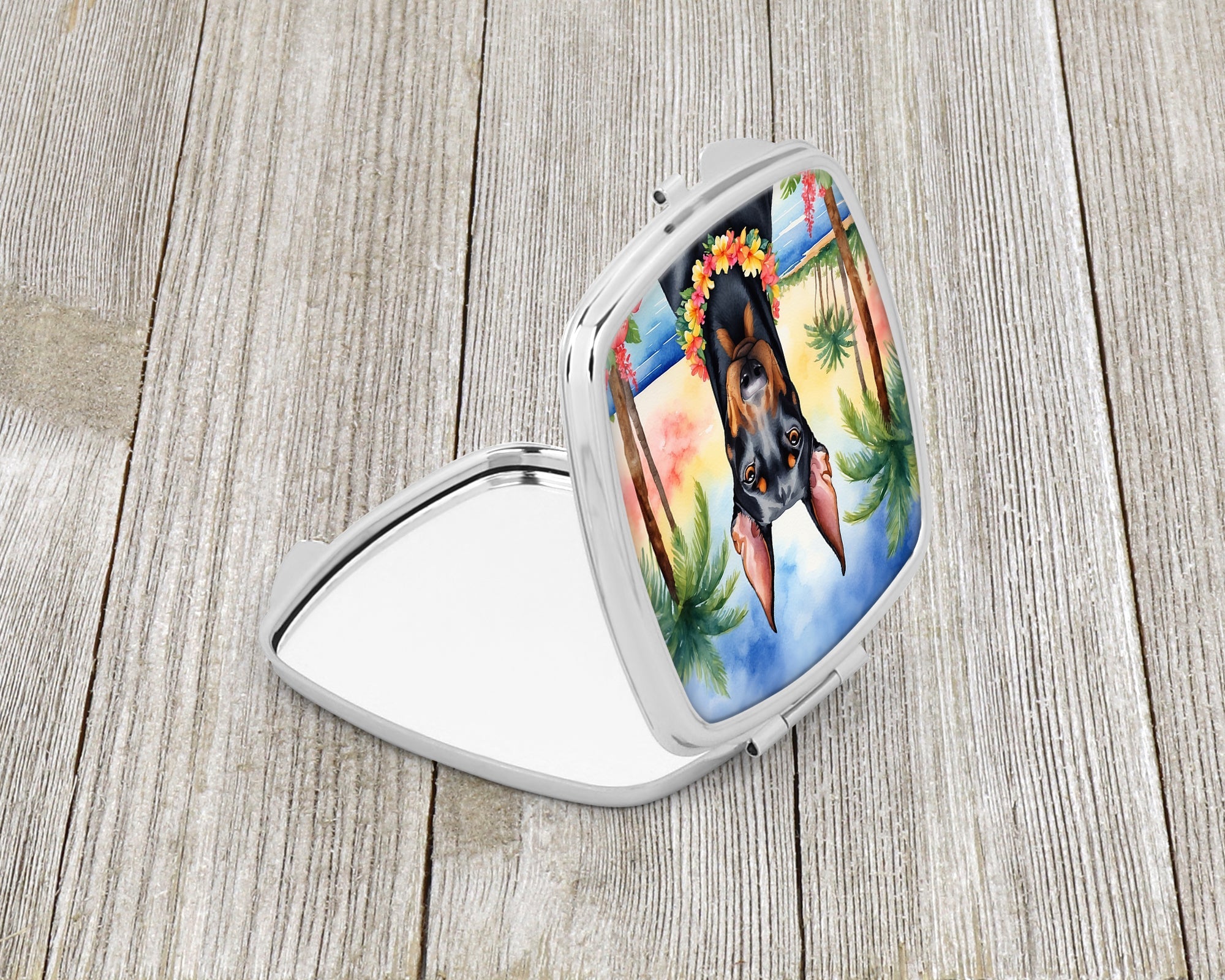 Doberman Pinscher Luau Compact Mirror Decorative Travel Makeup Mirror for Women Girls Gifts Pocket Makeup Mirror Folding Handheld