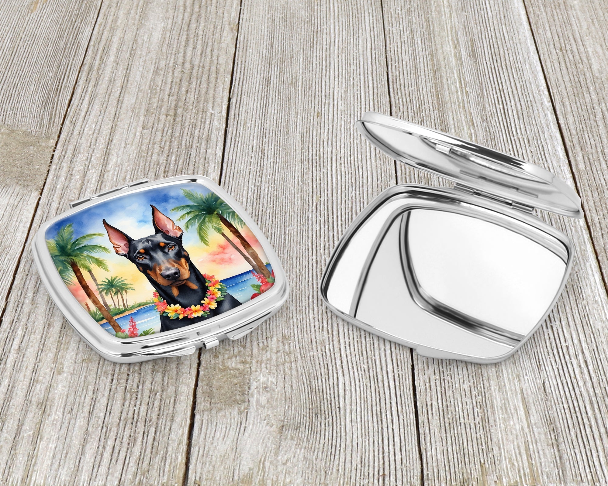 Doberman Pinscher Luau Compact Mirror Decorative Travel Makeup Mirror for Women Girls Gifts Pocket Makeup Mirror Folding Handheld