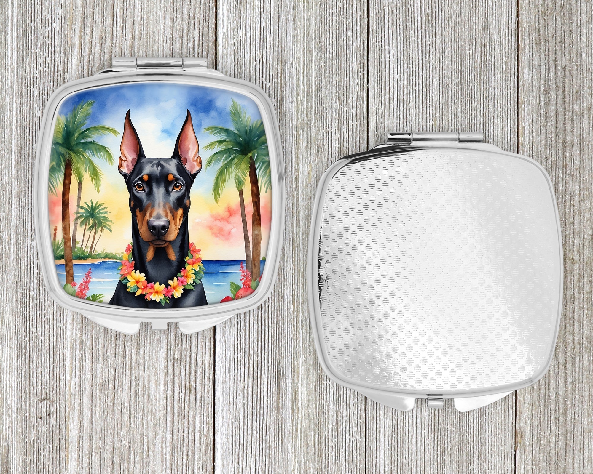 Doberman Pinscher Luau Compact Mirror Decorative Travel Makeup Mirror for Women Girls Gifts Pocket Makeup Mirror Folding Handheld