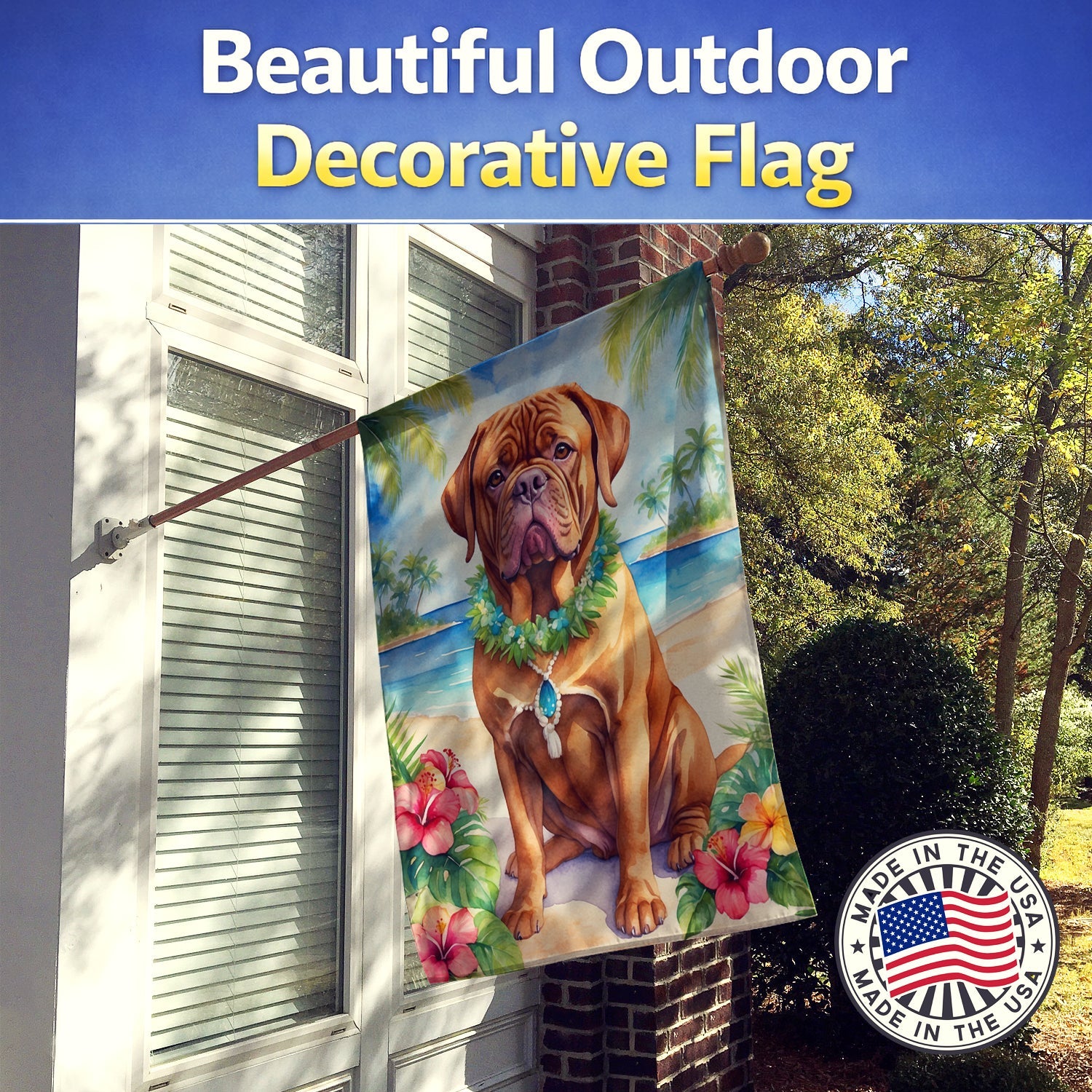 Dogue de Bordeaux Luau House Flag 28x40 Porch Sleeve Pole Decorative Outside Yard Banner Artwork Wall Hanging, Polyester