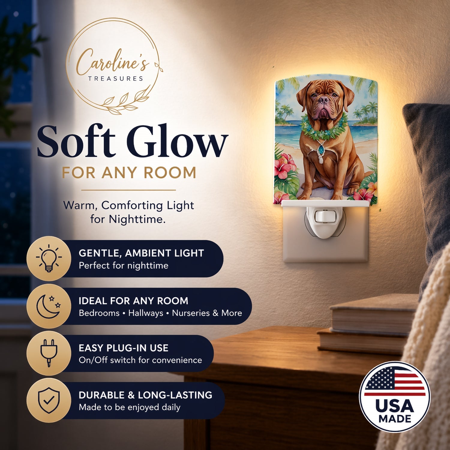 Dogue de Bordeaux Luau Ceramic Night Light Compact, UL-Certified, Ideal for Bedroom, Bathroom, Nursery, Hallway, Kitchen, 6x4x3, Multicolor