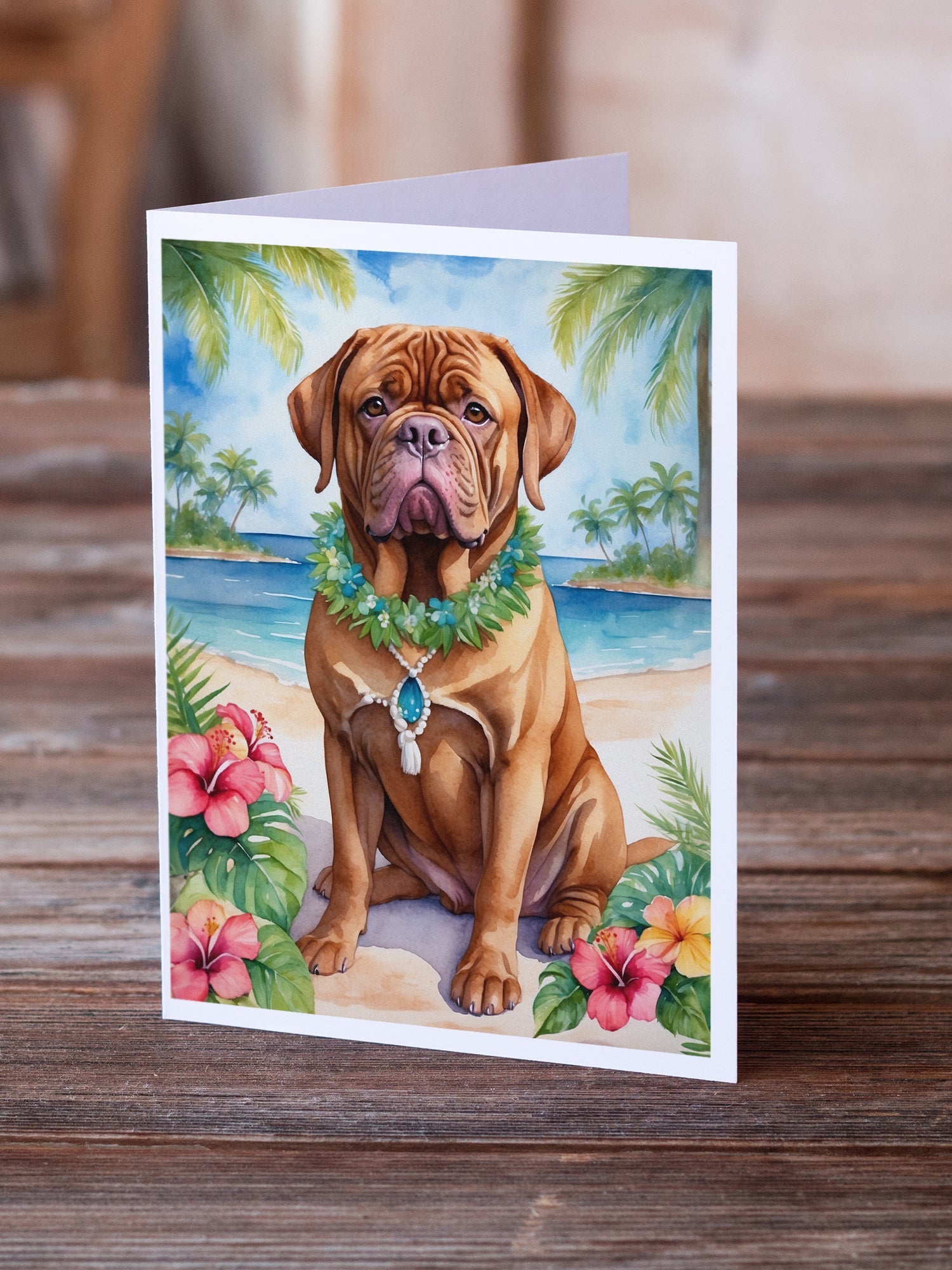 Dogue de Bordeaux Luau Greeting Cards Pack of 8 Blank Cards with Envelopes Whimsical A7 Size 5x7