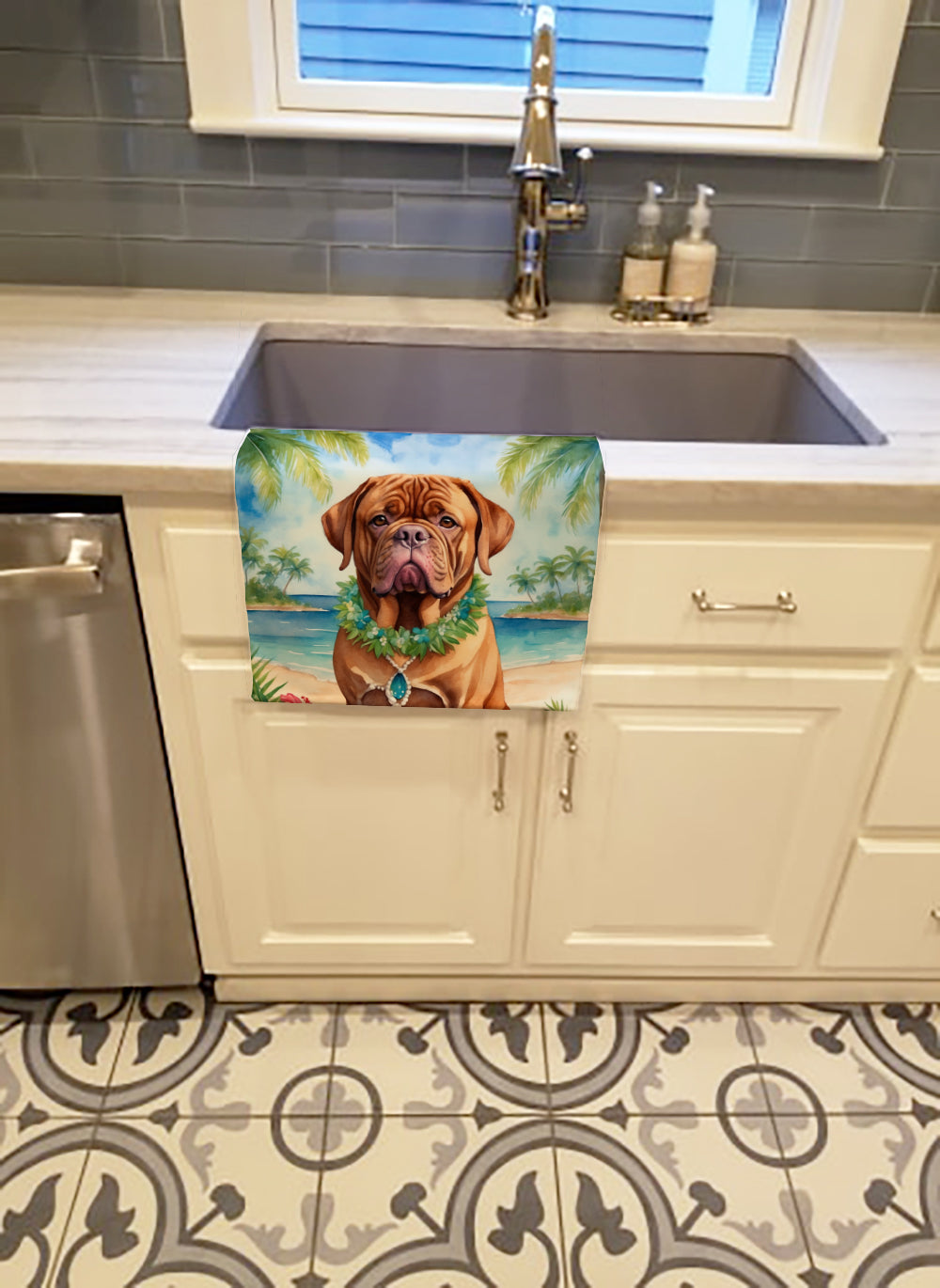Dogue de Bordeaux Luau Kitchen Towel Velour Plush Front and Cotton Loop Back Machine Washable