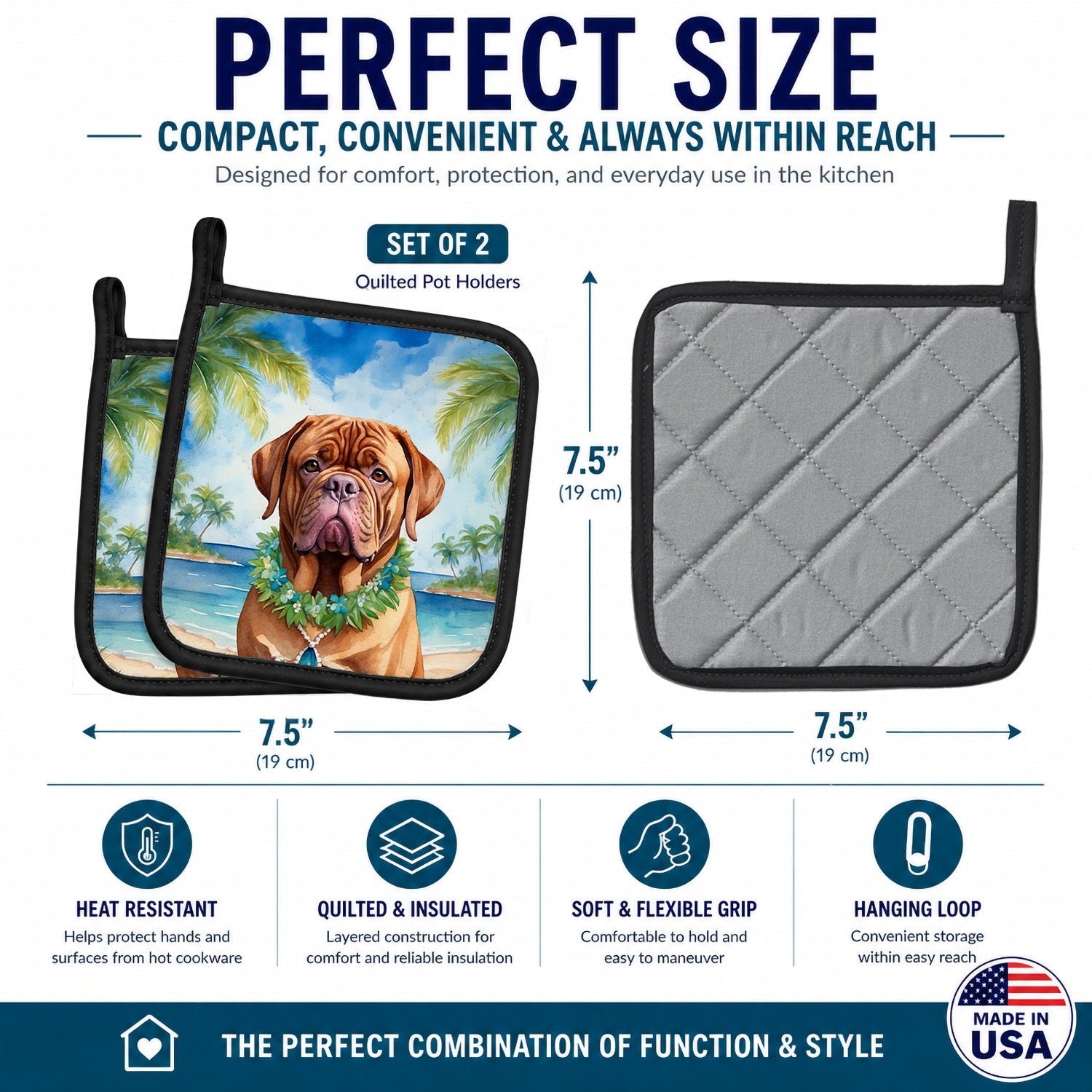 Dogue de Bordeaux Luau Pot Holder Set of 2 Heat Resistant Quilted Hot Pads 7.5 x 7.5 Inch, Insulated Kitchen Trivets for Cooking & Baking