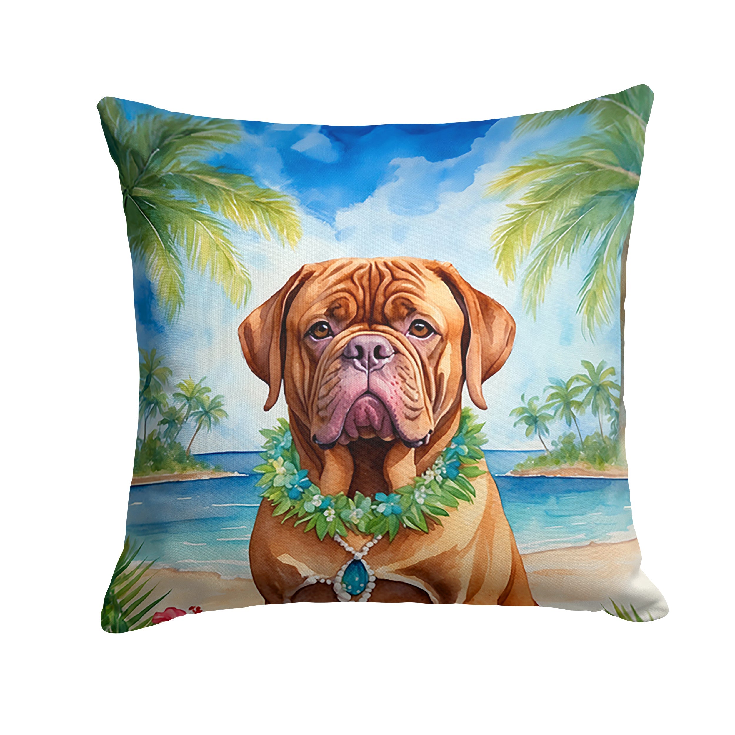 Dogue de Bordeaux Luau Decorative Throw Pillow 14x14 Indoor Outdoor Accent Cushion, Fabric Cover with Insert for Sofa, Bed, Porch & Living Room