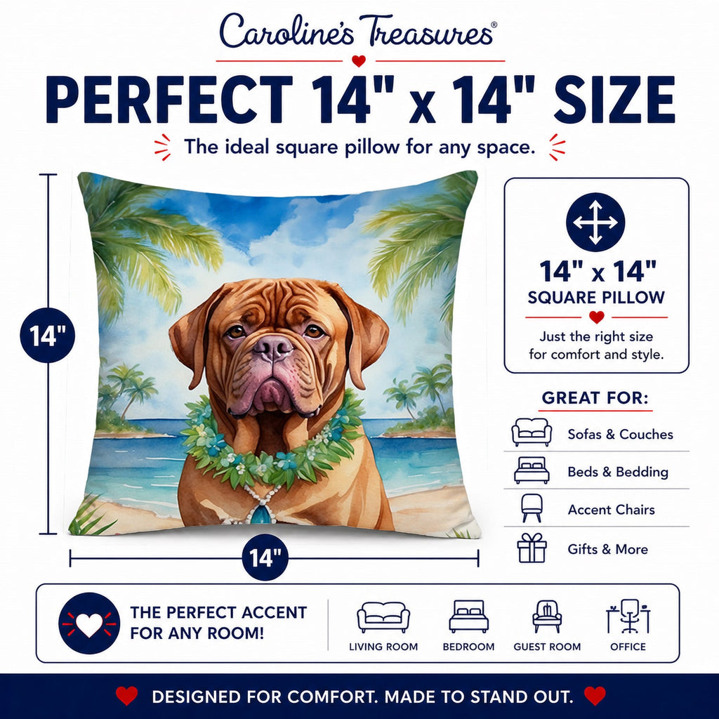 Dogue de Bordeaux Luau Decorative Throw Pillow 14x14 Indoor Outdoor Accent Cushion, Fabric Cover with Insert for Sofa, Bed, Porch & Living Room