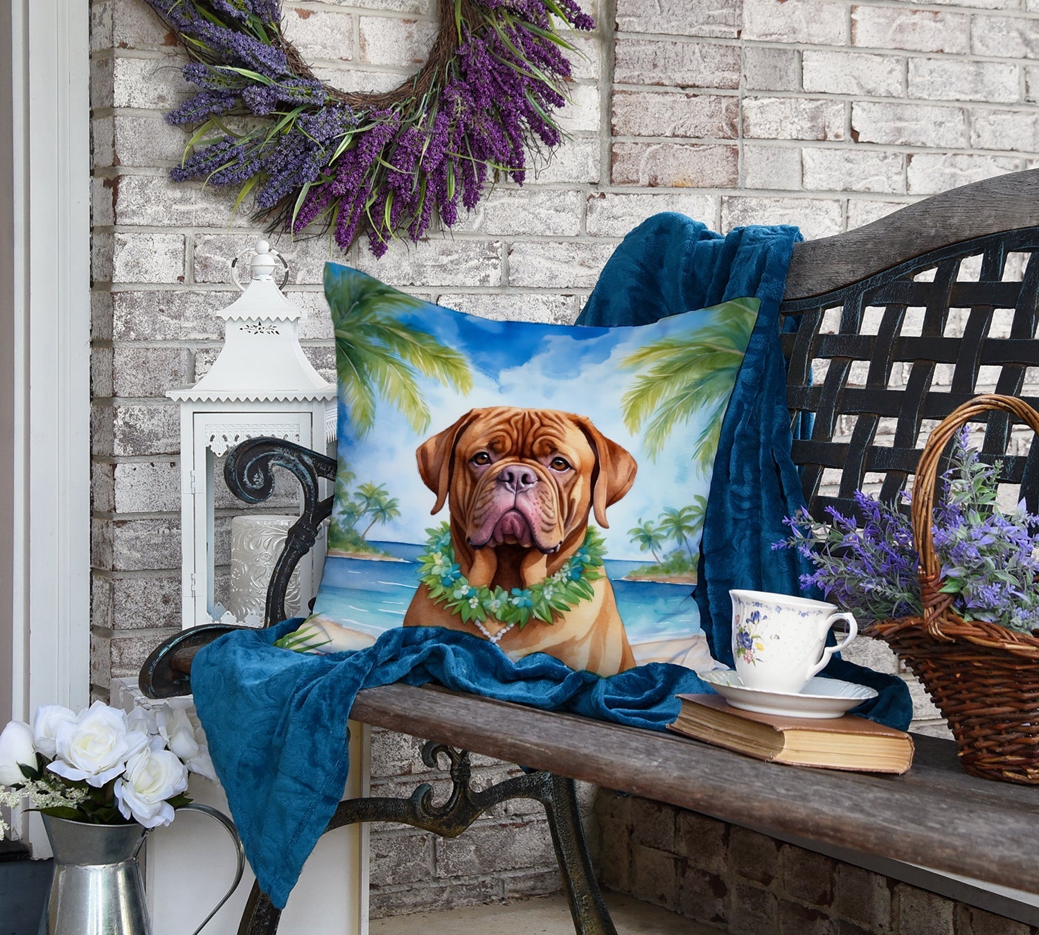 Dogue de Bordeaux Luau Decorative Throw Pillow 18x18 Indoor Outdoor Accent Cushion, Fabric Cover with Insert for Sofa, Bed, Porch & Living Room