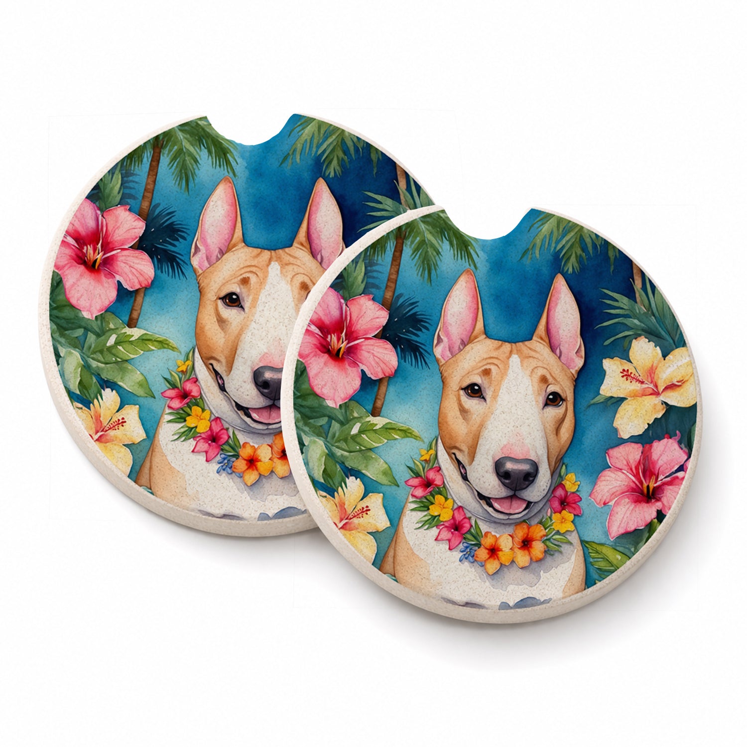 English Bull Terrier Luau Set of 2 Cup Holder Car Coasters Absorbent Round Sandstone Coasters Gifts for Men or Women, 2.5, Multicolor