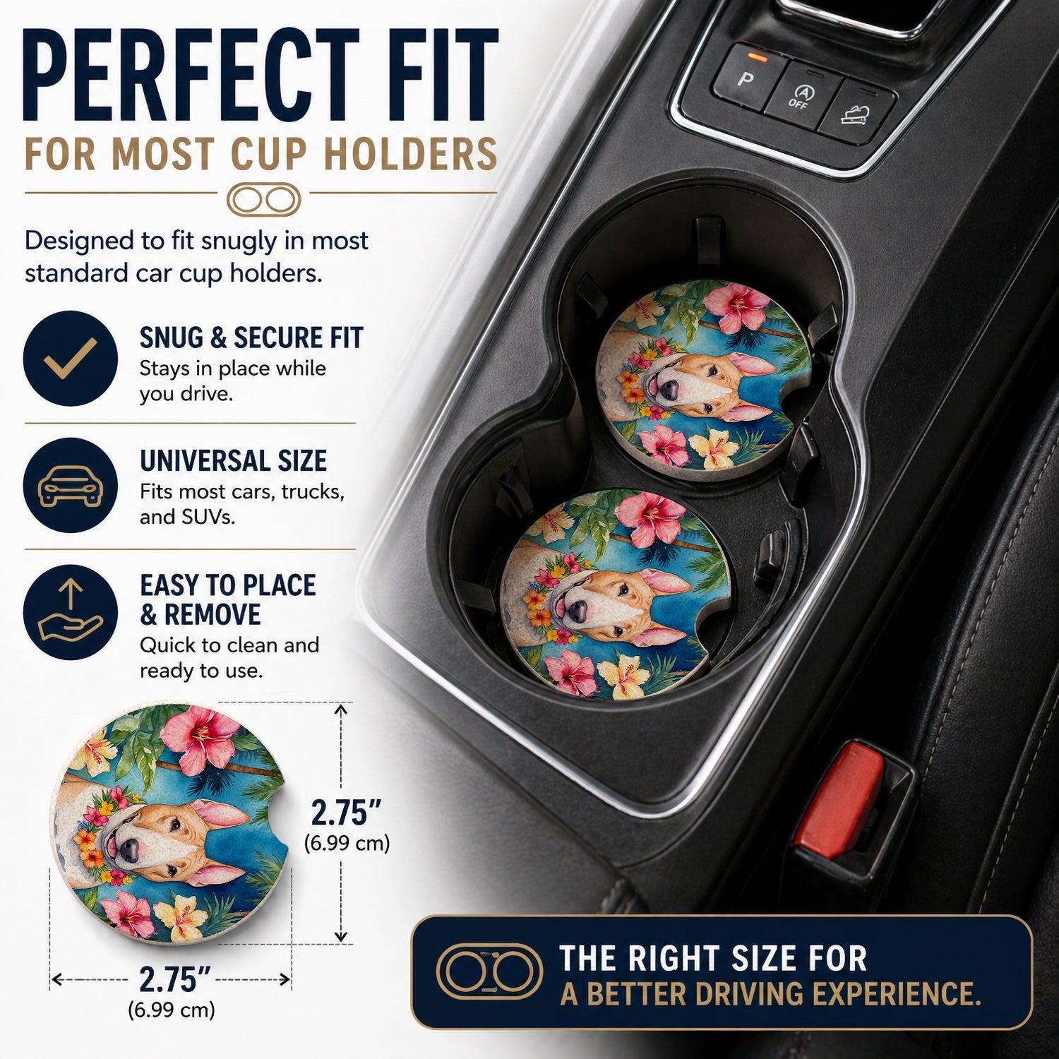 English Bull Terrier Luau Set of 2 Cup Holder Car Coasters Absorbent Round Sandstone Coasters Gifts for Men or Women, 2.5, Multicolor