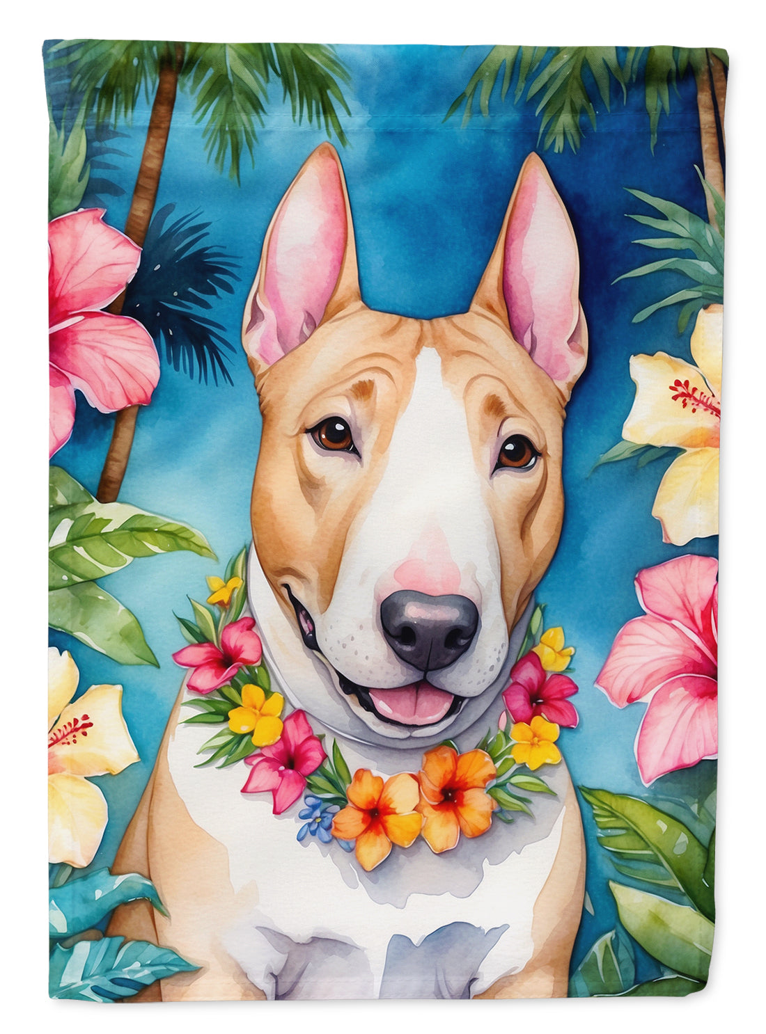 English Bull Terrier Luau House Flag 28x40 Porch Sleeve Pole Decorative Outside Yard Banner Artwork Wall Hanging, Polyester