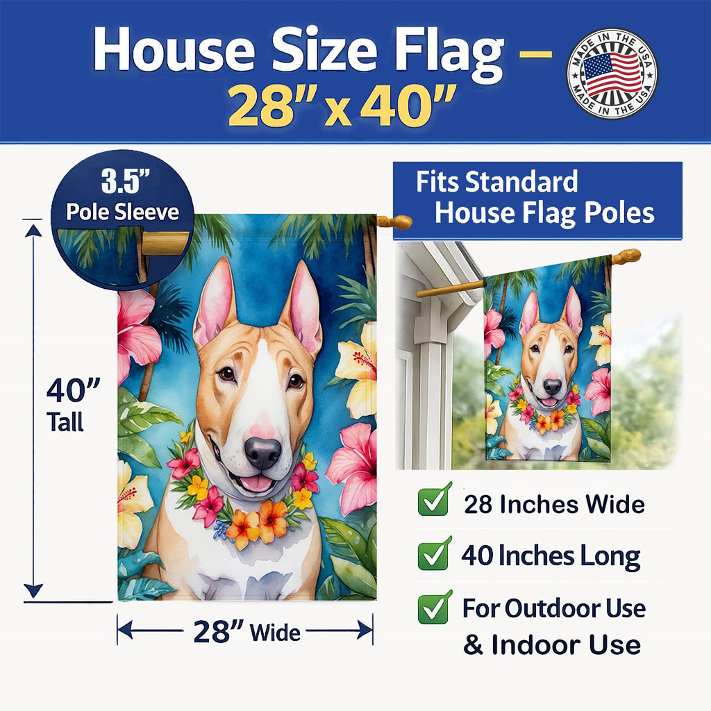 English Bull Terrier Luau House Flag 28x40 Porch Sleeve Pole Decorative Outside Yard Banner Artwork Wall Hanging, Polyester