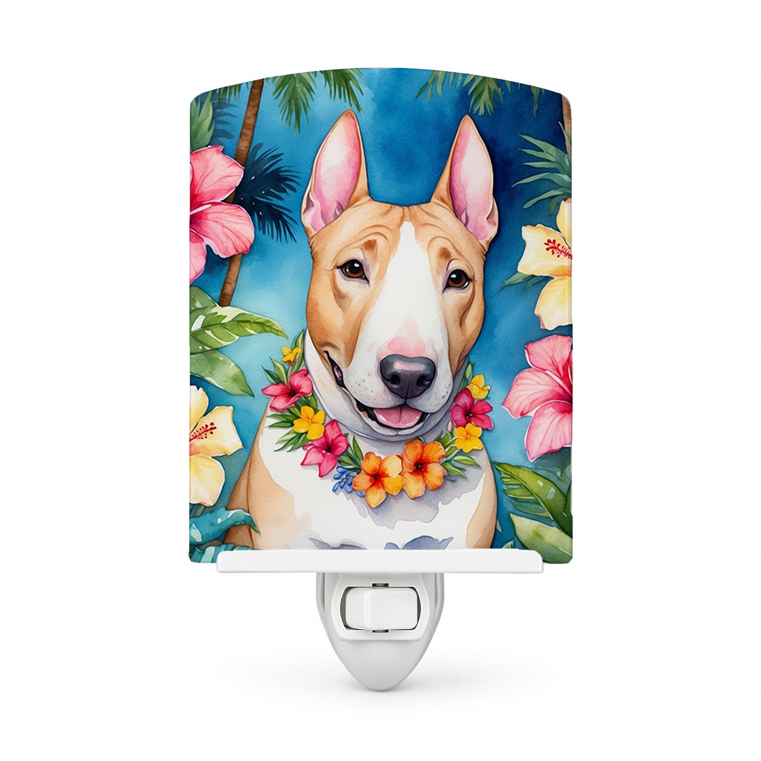English Bull Terrier Luau Ceramic Night Light Compact, UL-Certified, Ideal for Bedroom, Bathroom, Nursery, Hallway, Kitchen, 6x4x3, Multicolor