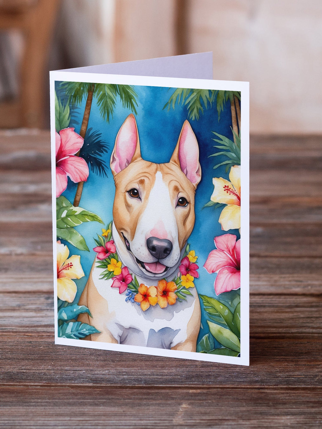 English Bull Terrier Luau Greeting Cards Pack of 8 Blank Cards with Envelopes Whimsical A7 Size 5x7