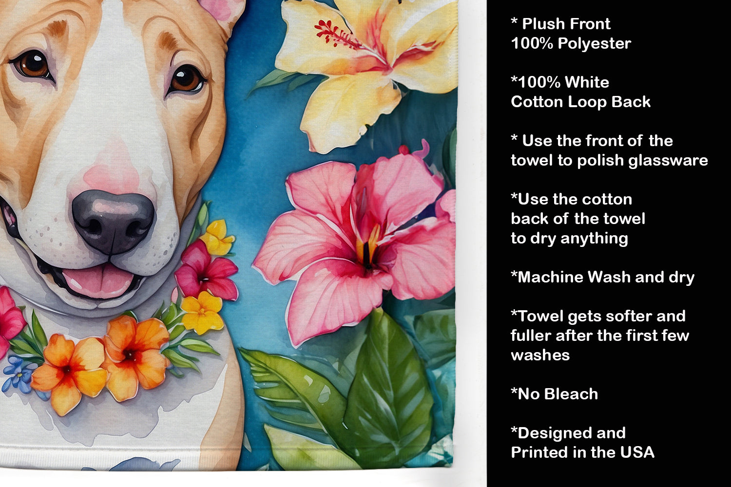 English Bull Terrier Luau Kitchen Towel Velour Plush Front and Cotton Loop Back Machine Washable