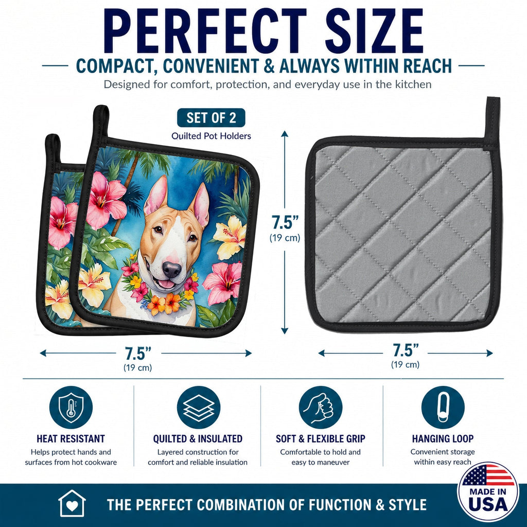 English Bull Terrier Luau Pot Holder Set of 2 Heat Resistant Quilted Hot Pads 7.5 x 7.5 Inch, Insulated Kitchen Trivets for Cooking & Baking