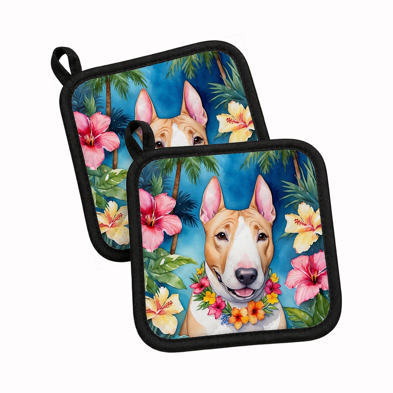English Bull Terrier Luau Pot Holder Set of 2 Heat Resistant Quilted Hot Pads 7.5 x 7.5 Inch, Insulated Kitchen Trivets for Cooking & Baking