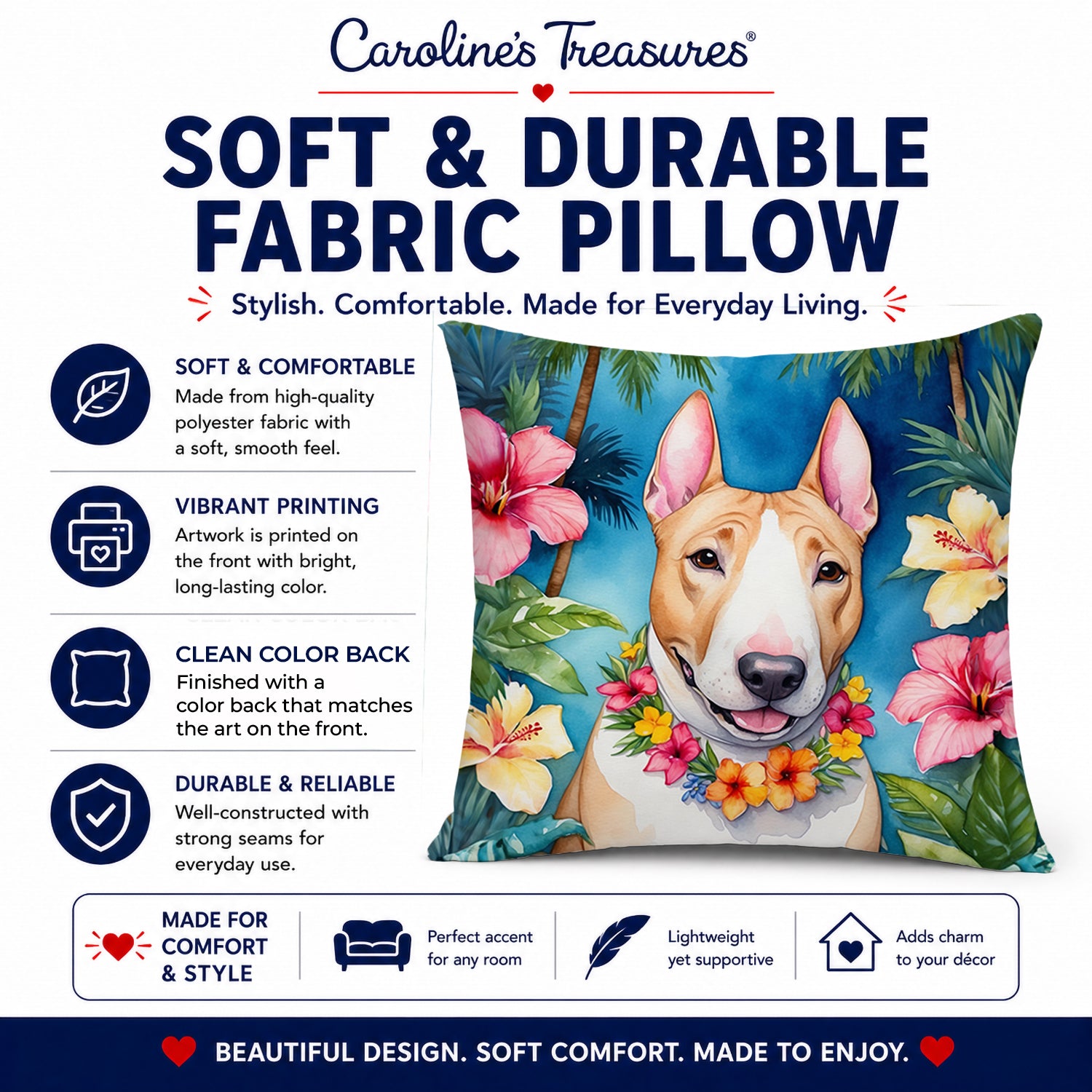 English Bull Terrier Luau Decorative Throw Pillow 14x14 Indoor Outdoor Accent Cushion, Fabric Cover with Insert for Sofa, Bed, Porch & Living Room