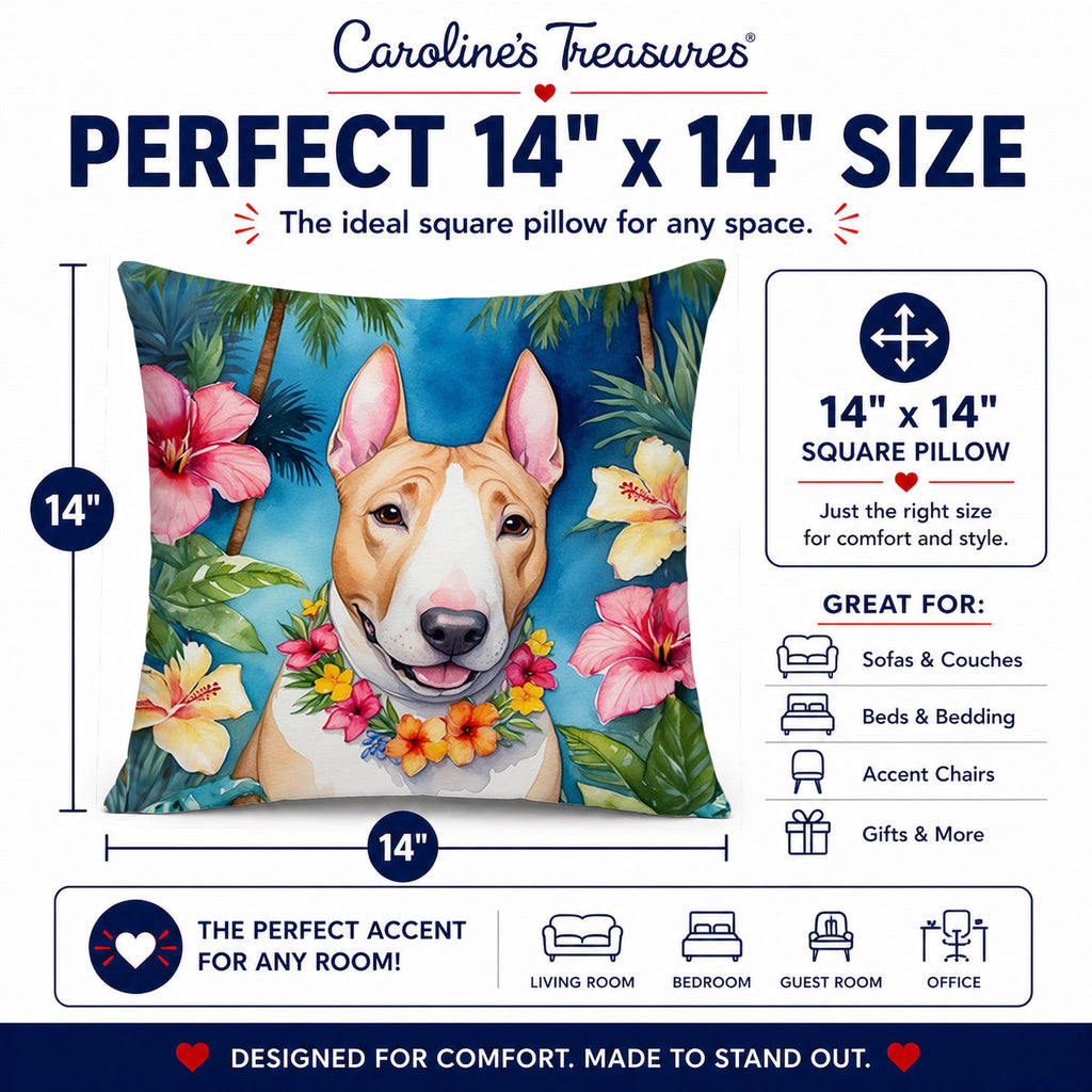 English Bull Terrier Luau Decorative Throw Pillow 14x14 Indoor Outdoor Accent Cushion, Fabric Cover with Insert for Sofa, Bed, Porch & Living Room