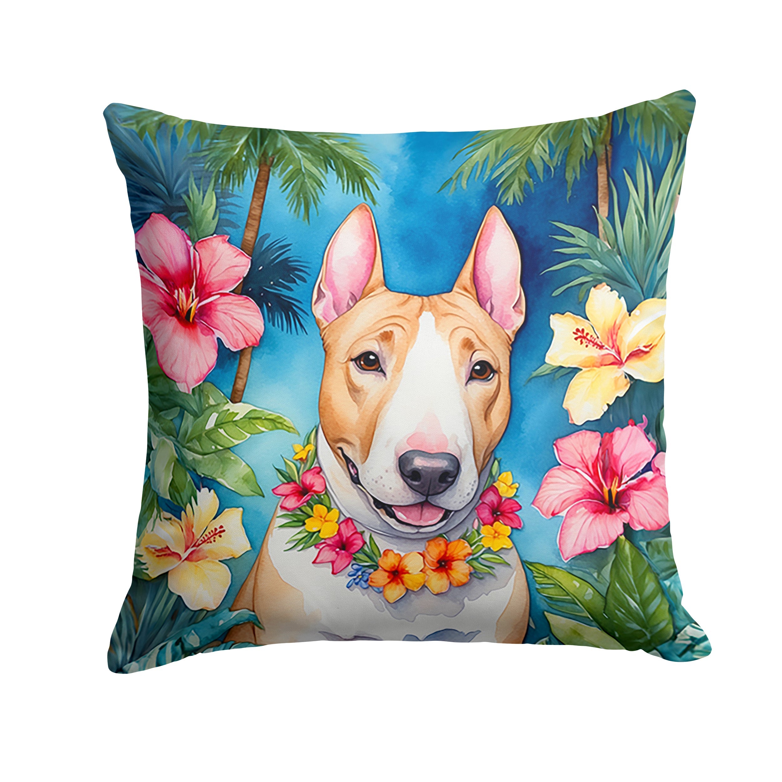 English Bull Terrier Luau Decorative Throw Pillow 18x18 Indoor Outdoor Accent Cushion, Fabric Cover with Insert for Sofa, Bed, Porch & Living Room